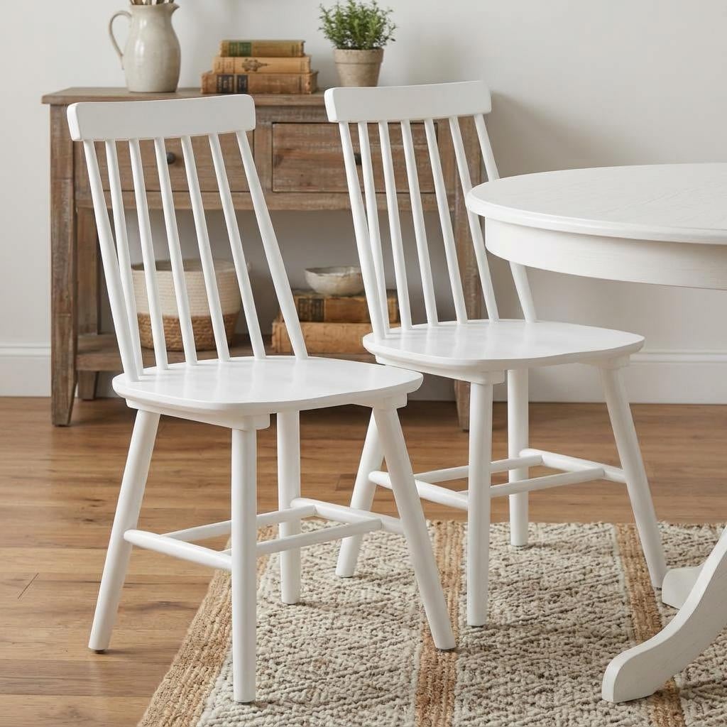 Homeroots Set Of Two White Solid Wood Windsor Back Dining Side Chairs 17.50 In. X 36.00 In. X 18.00 In.