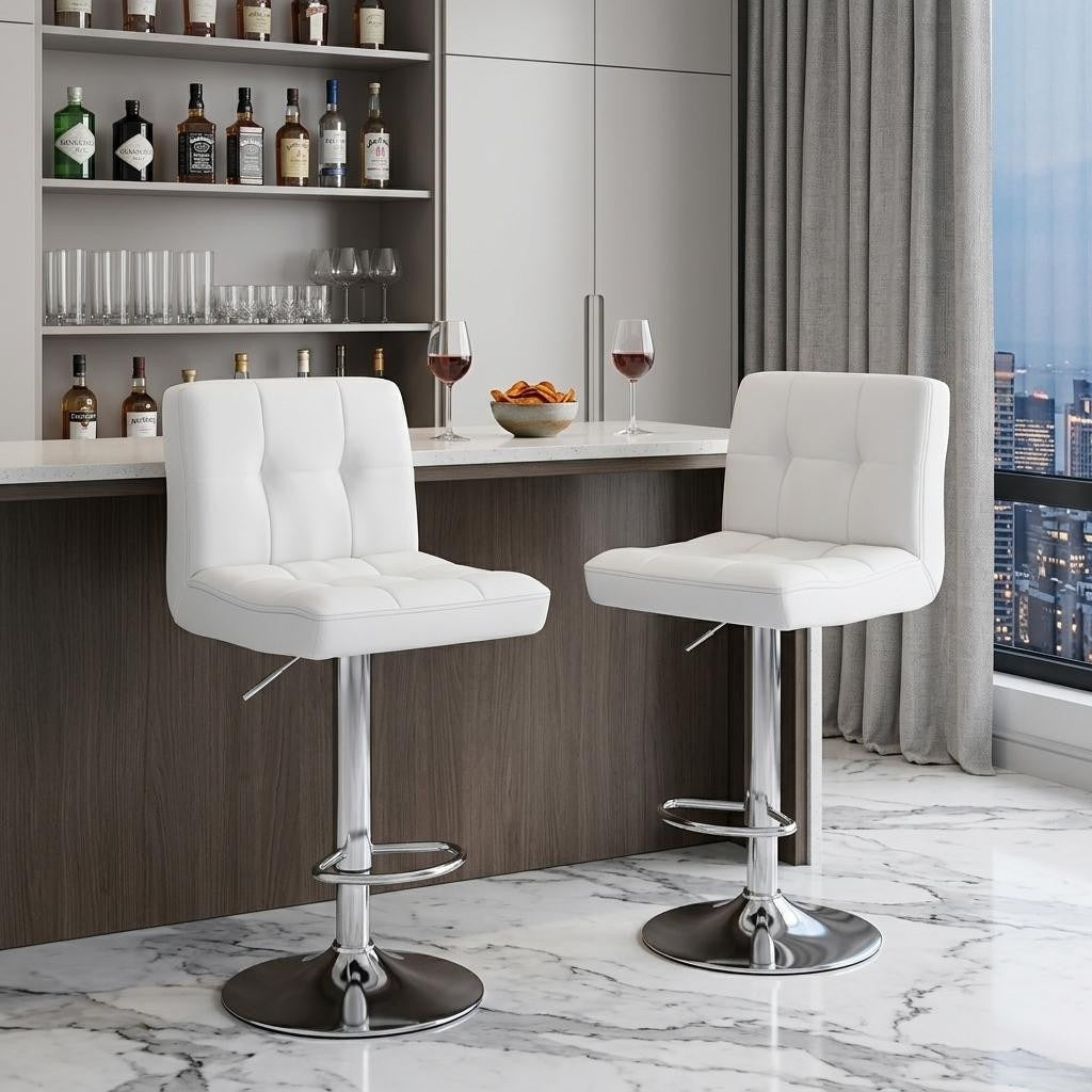 Homeroots Set Of Two White And Silver Faux Leather And Aluminum Adjustable Height Swivel Bar Chairs