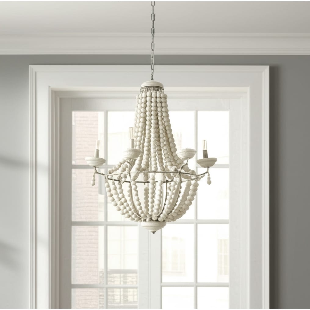 Homeroots Silver And White Empire Six Light Metal And Beads Dimmable Chandelier 29.00 In. X 37.00 In. X 29.00 In.