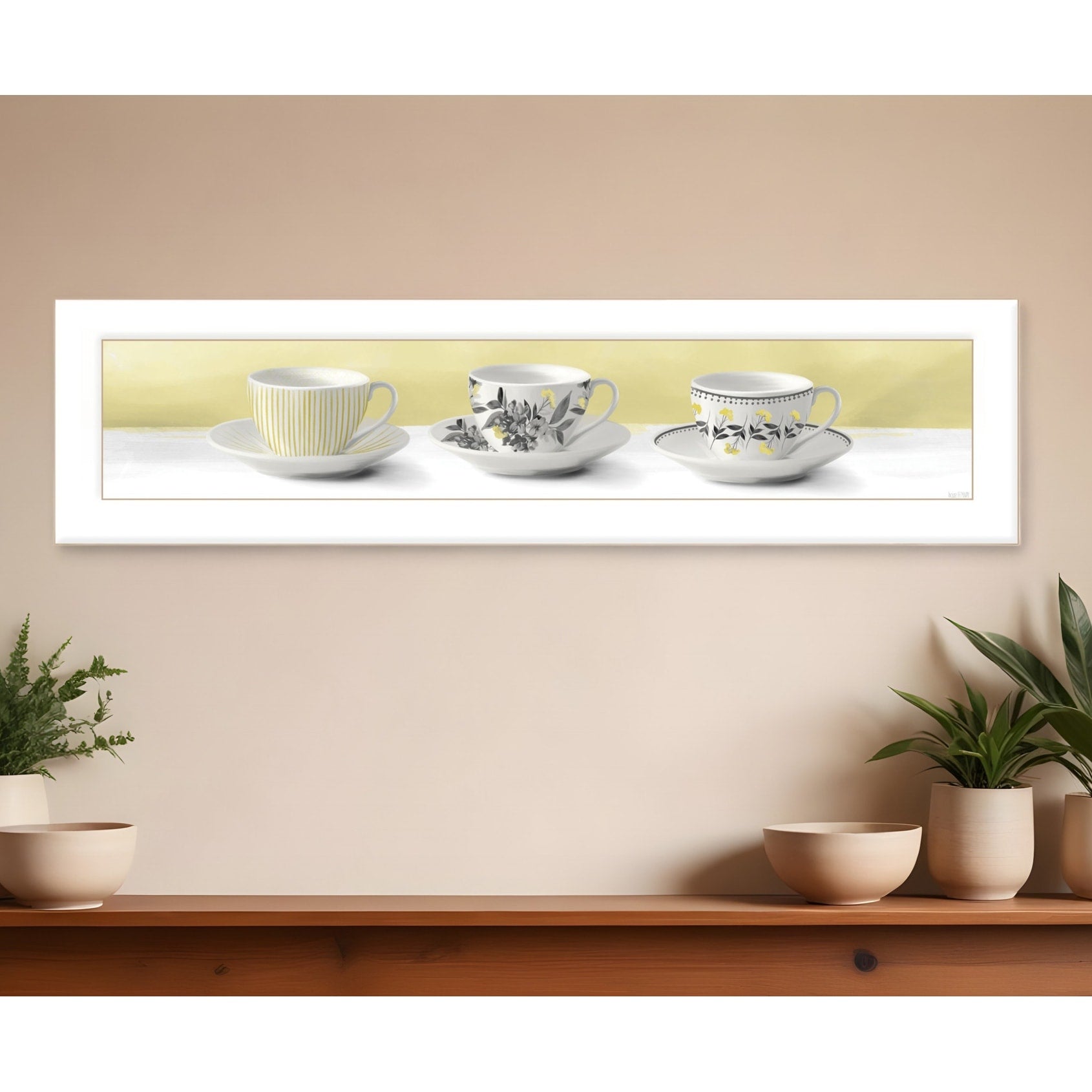 Homeroots Stack Of Tea Cupsyellow White Framed Print Kitchen Wall Art
