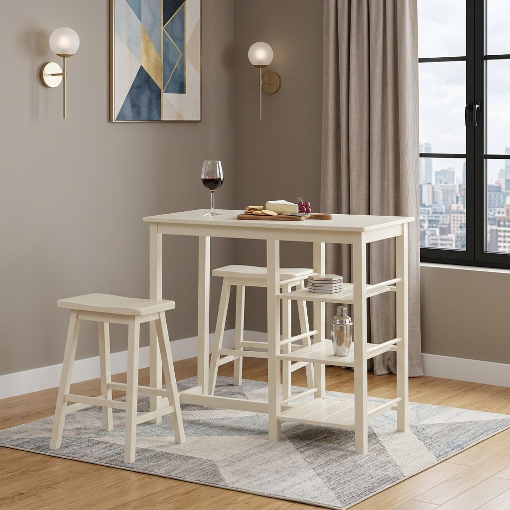Homeroots Three Piece Cream Solid Wood Counter Height Bar Table Set 43.00 In. X 36.00 In. X 19.00 In.