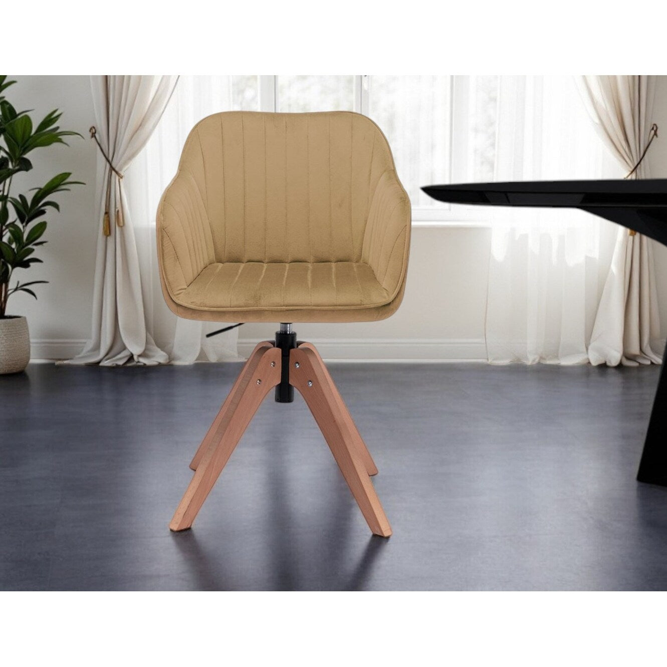 Homeroots Tufted Champagne And Natural Upholstered Velvet Dining Arm Chair 16.53 In. X 34.84 In. X 16.53 In.