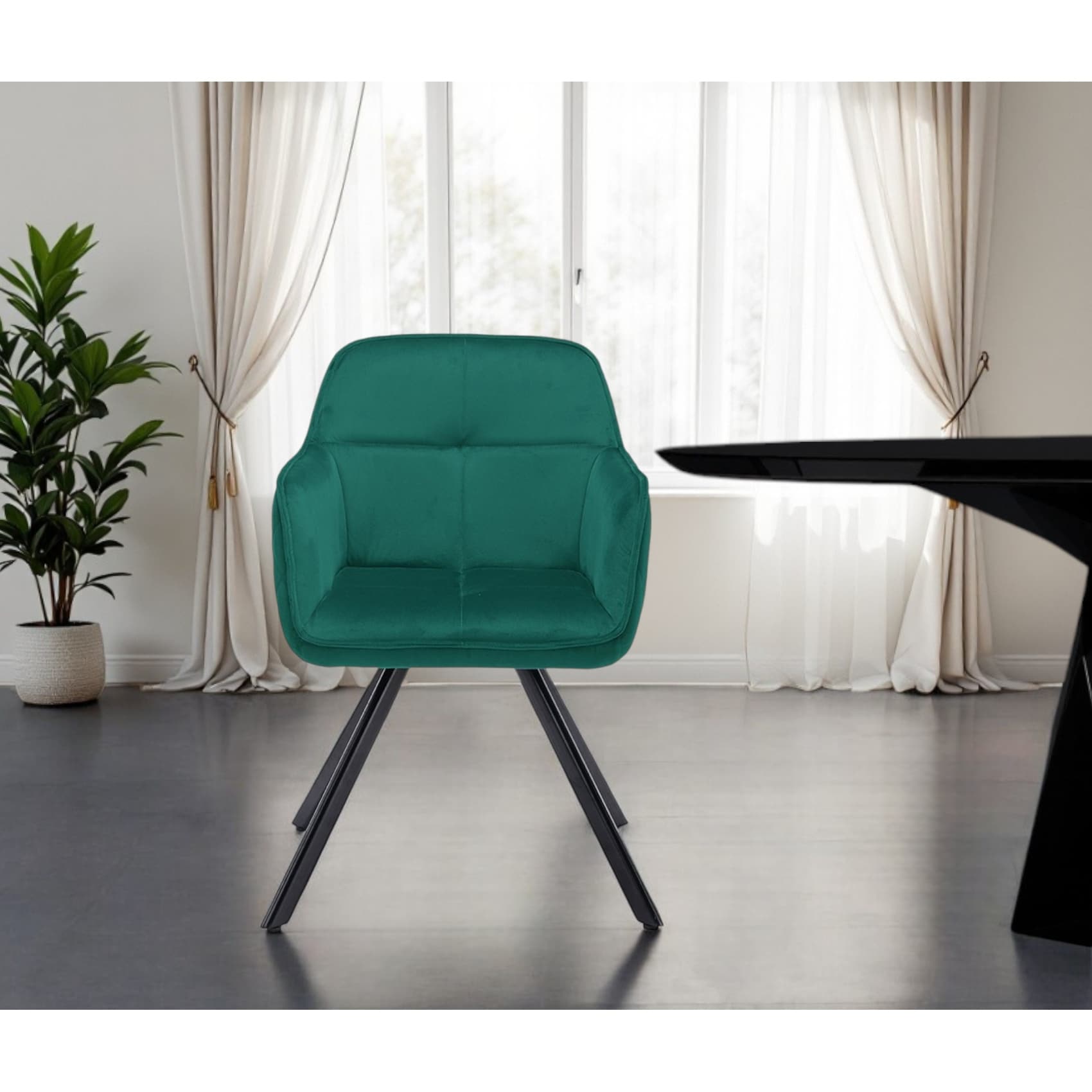 Homeroots Tufted Green And Black Velvet And Metal Dining Arm Chair 23.62 In. X 34.84 In. X 18.70 In.