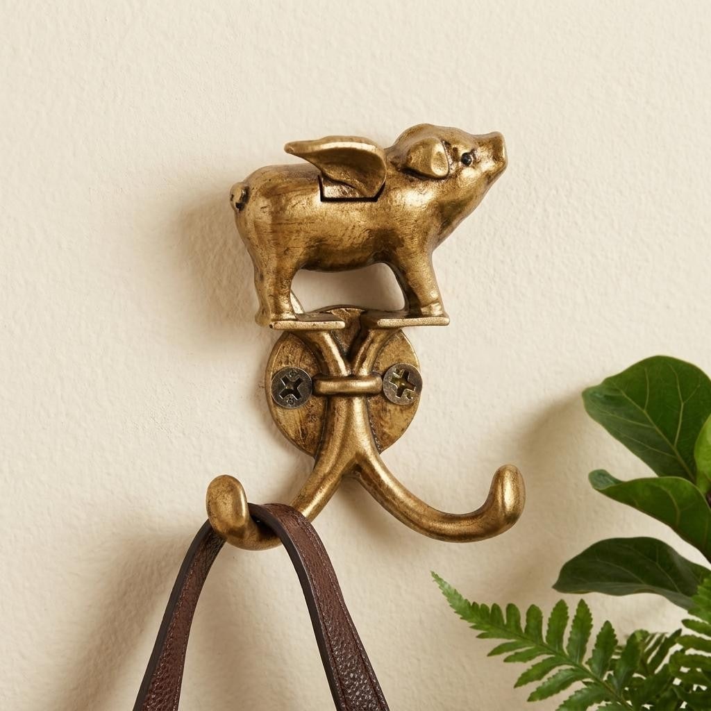 Homeroots Two Hook 2 Antiqued Gold Cast Iron Pig Wall Hooks 2.38 In. X 3.00 In. X 0.50 In.