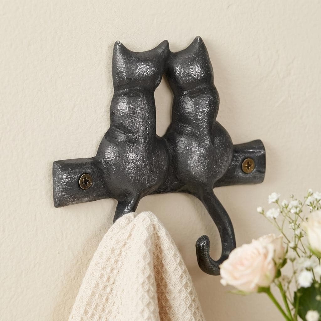 Homeroots Two Hook 5 Black Cast Iron Cats Wall Hook 4.75 In. X 4.75 In. X 1.25 In.