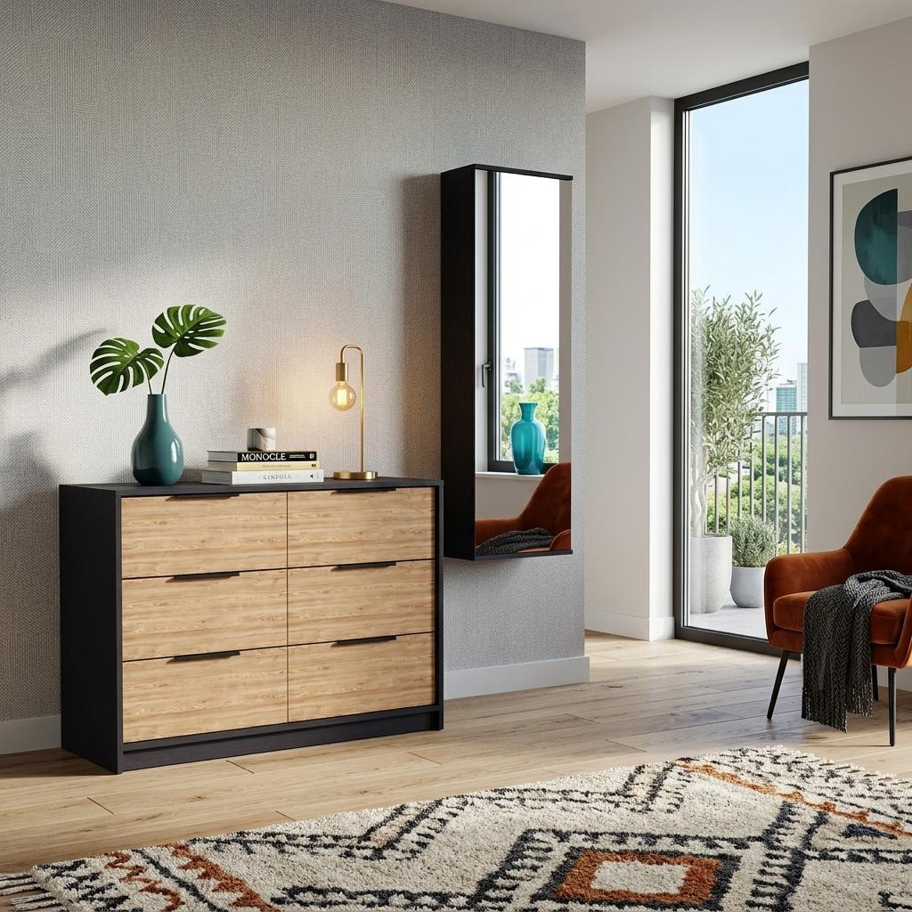 Homeroots Two Piece Black And Brown Bedroom Set With Mirror