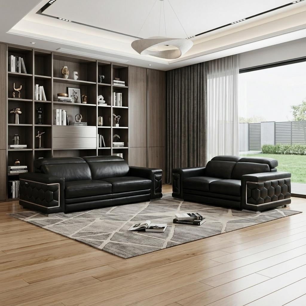 Homeroots Two Piece Indoor Black Italian Leather Five Person Seating Set