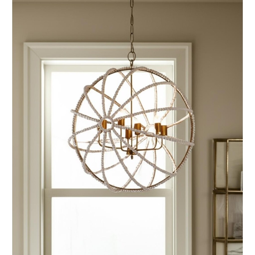 Homeroots White And Gold Empire Six Light Metal And Beads Dimmable Chandelier 34.00 In. X 34.00 In. X 34.00 In.