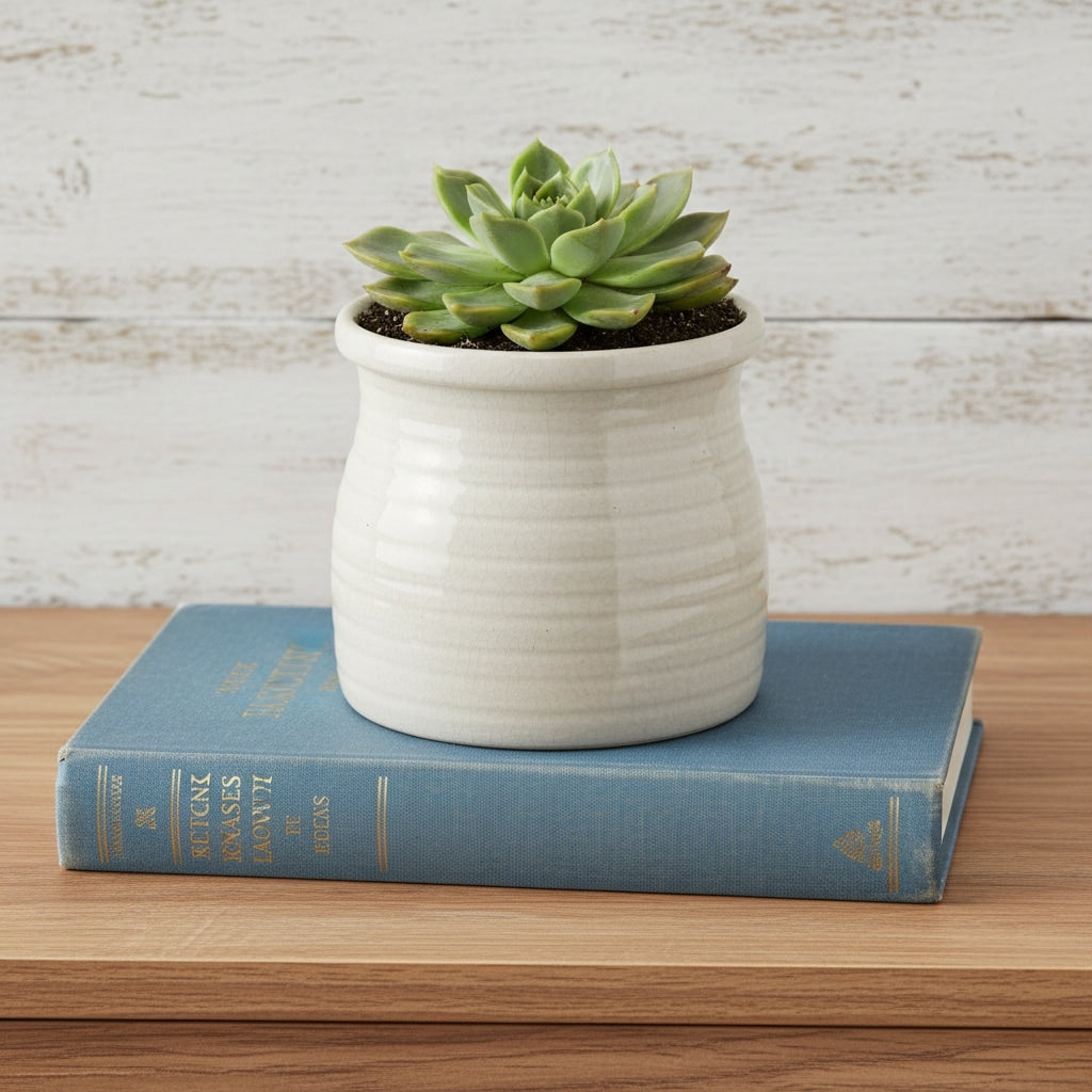 Homeroots White Ceramic 25 Ounce Striped Round Distressed Pot Planter 5.00 In. X 4.75 In. X 5.00 In.