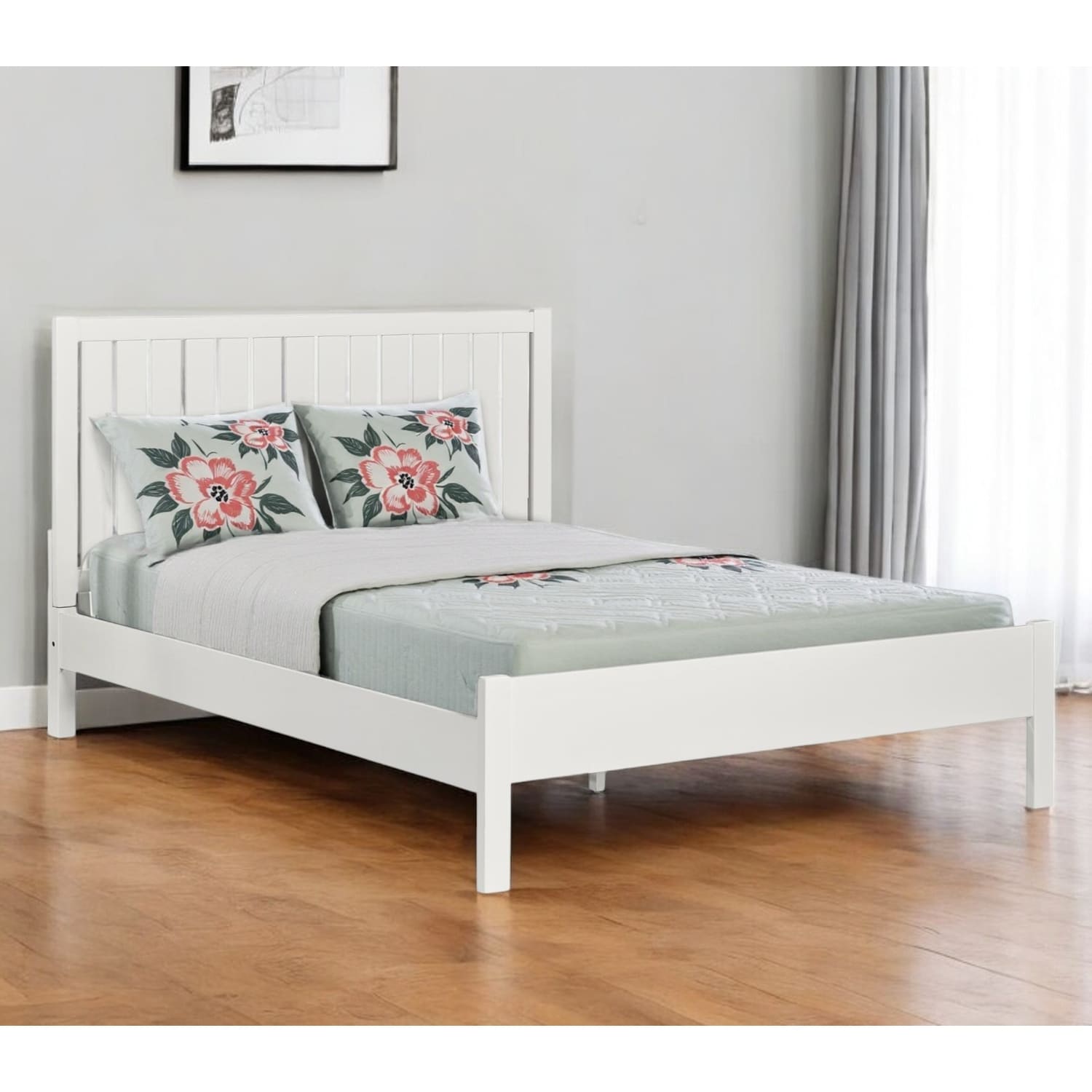 Homeroots White Shiplap Texture Solid Wood Queen Bed Frame