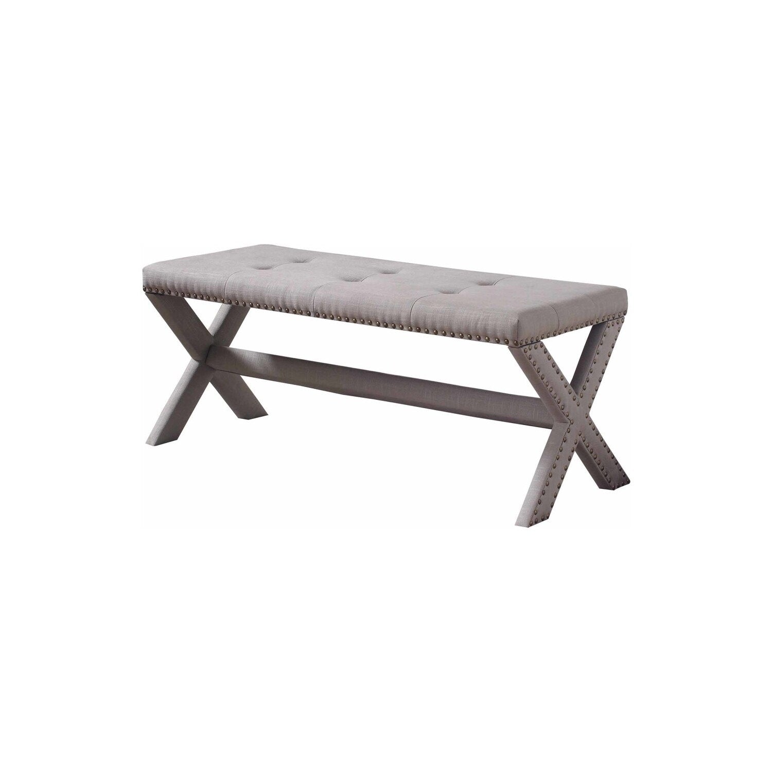 Homestock 18 In.H Linen Blend Accent Bench With Champagne Nail Heads Neutral Gray Living Room Bedroom Furniture