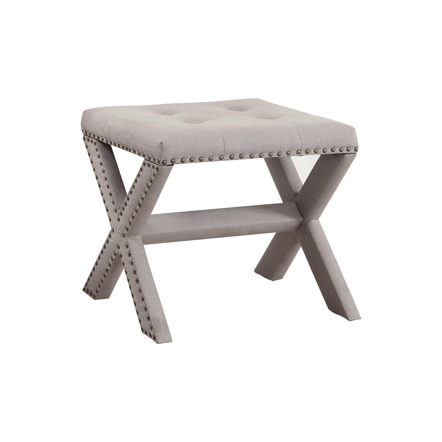 Homestock 18 In.H Linen Blend Accent Bench With Champagne Nail Heads Neutral Gray Living Room Bedroom Furniture