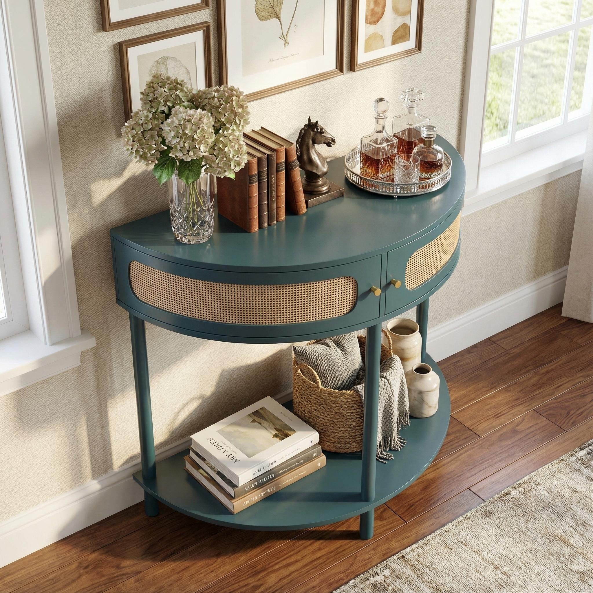 Homy Casa 31.5 Demi Lune Console Table With 2 Drawers Shelf Wave Pattern Front Solid Wood Legs Multiple Colors