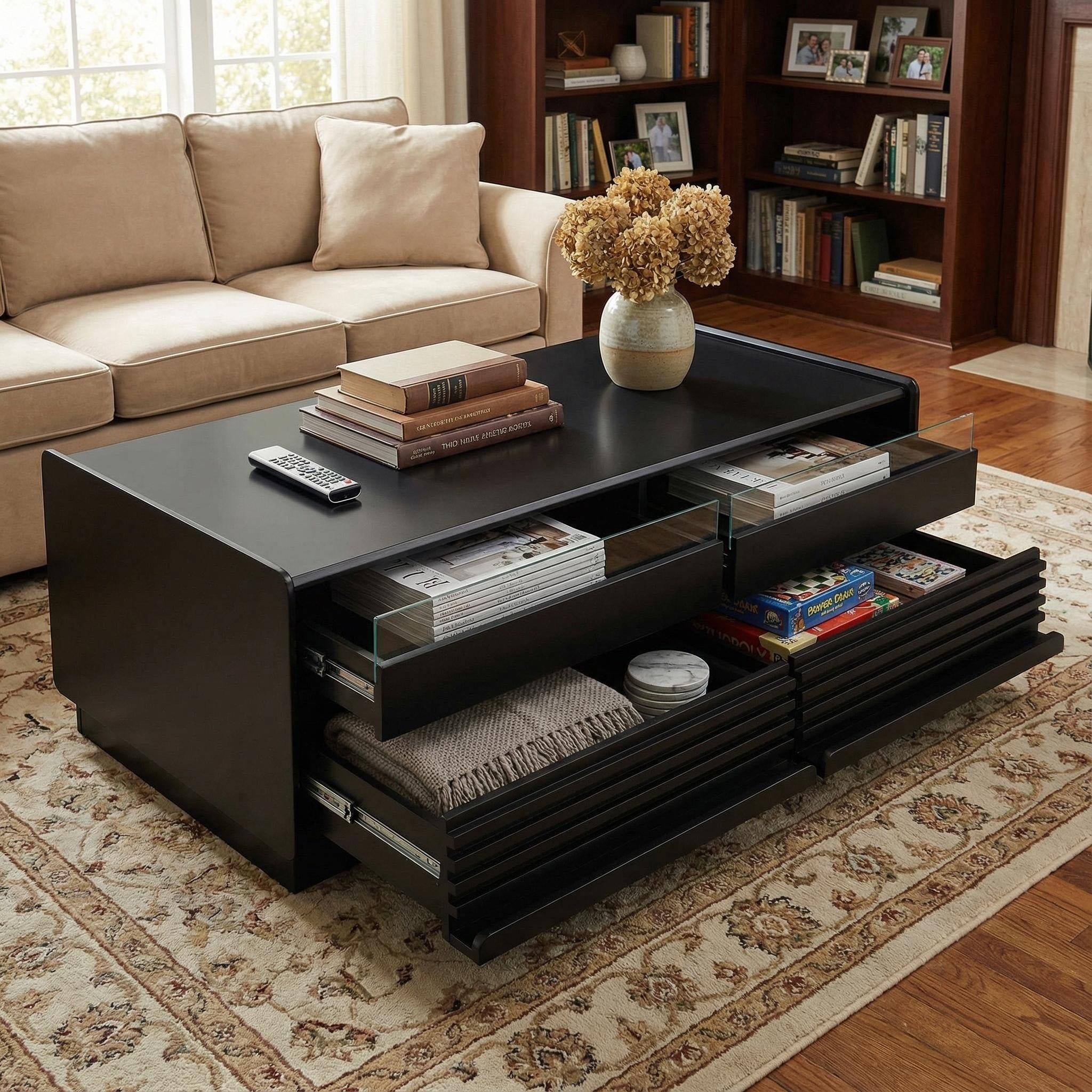 Homy Casa 47.2 Rectangle Coffee Table With 4 Drawers Hidden Side Storage Metal Handles Solid Wood Legs