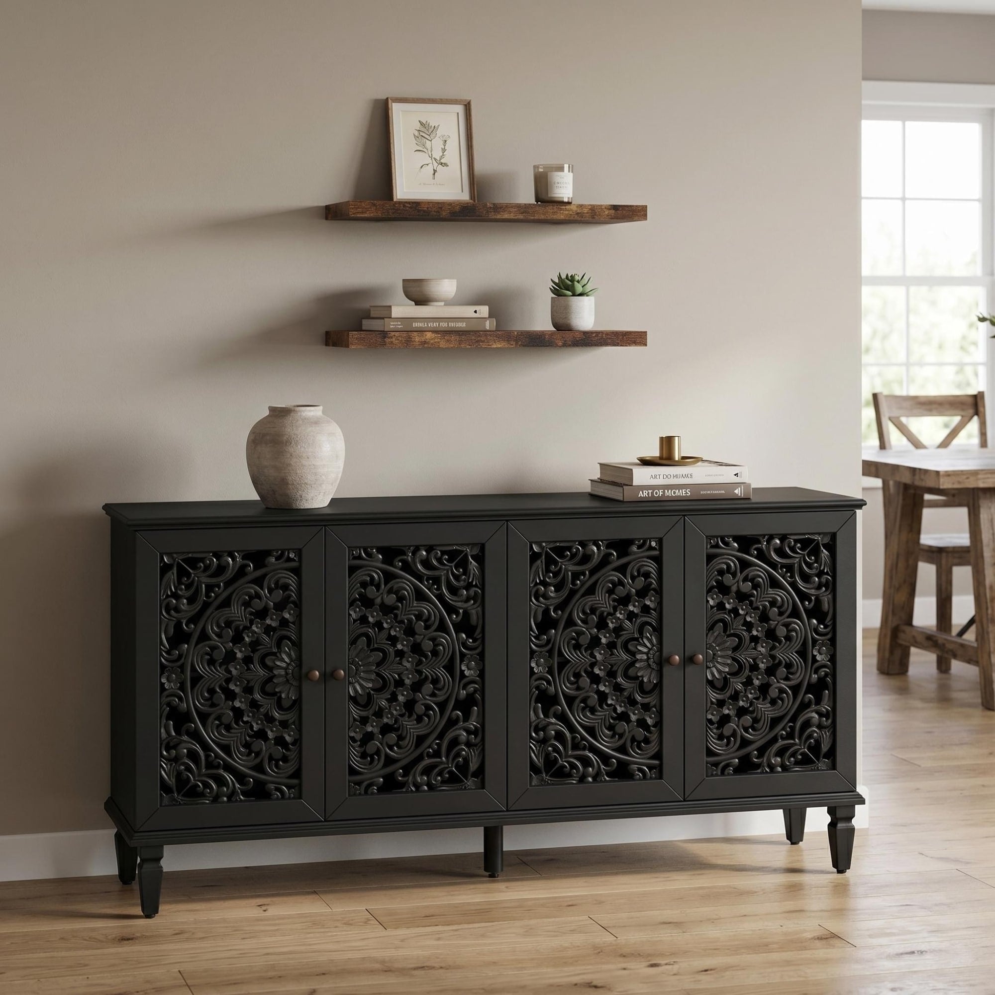 Homy Casa 59 Sideboard Cabinet With Wall Shelves Set Farmhouse Buffet Storage Cabinet With 2 Doors