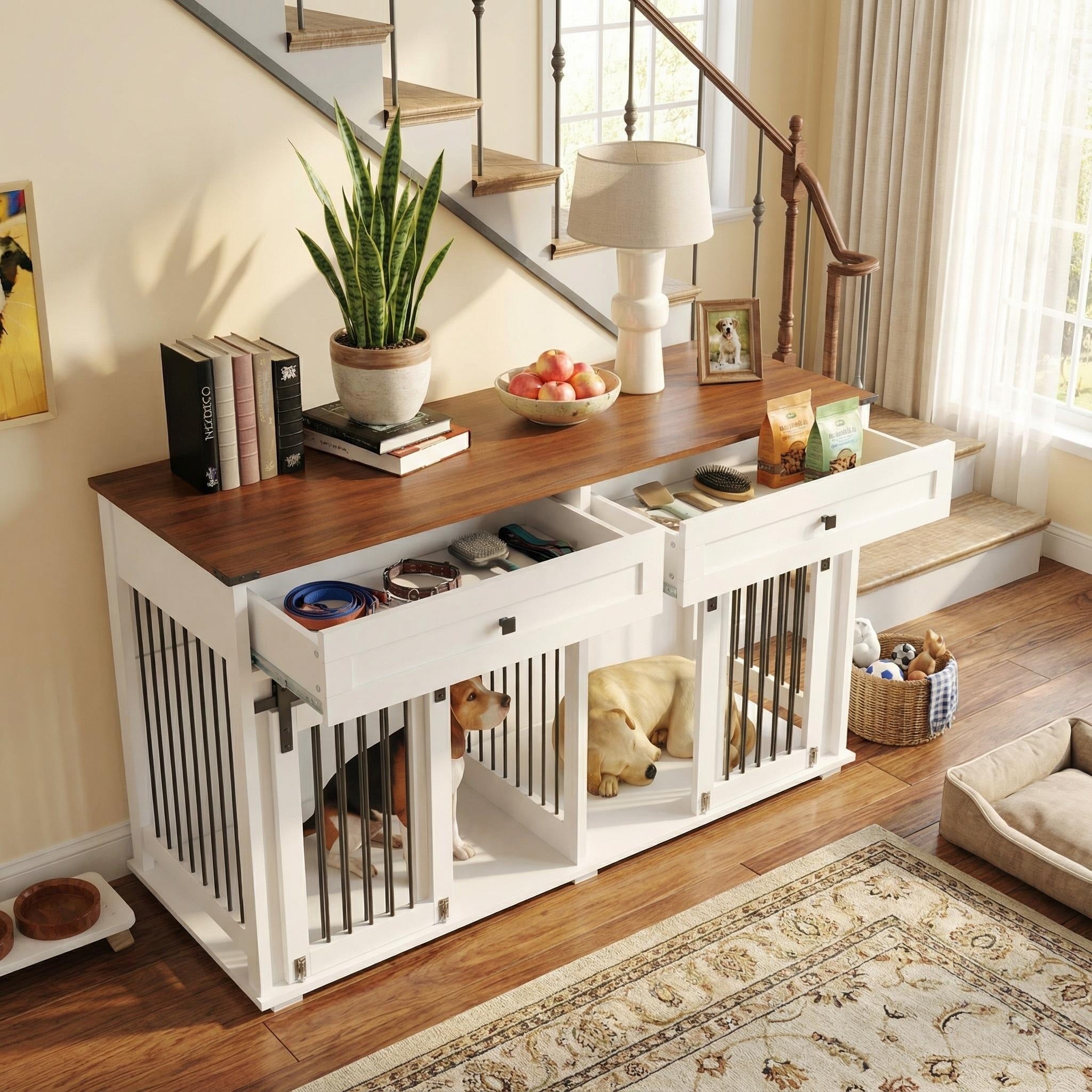 Homy Casa 63 Double Dog Crate Furniture With Removable Divider 2 Drawers Sliding Doors Water Resistant Top White Brown