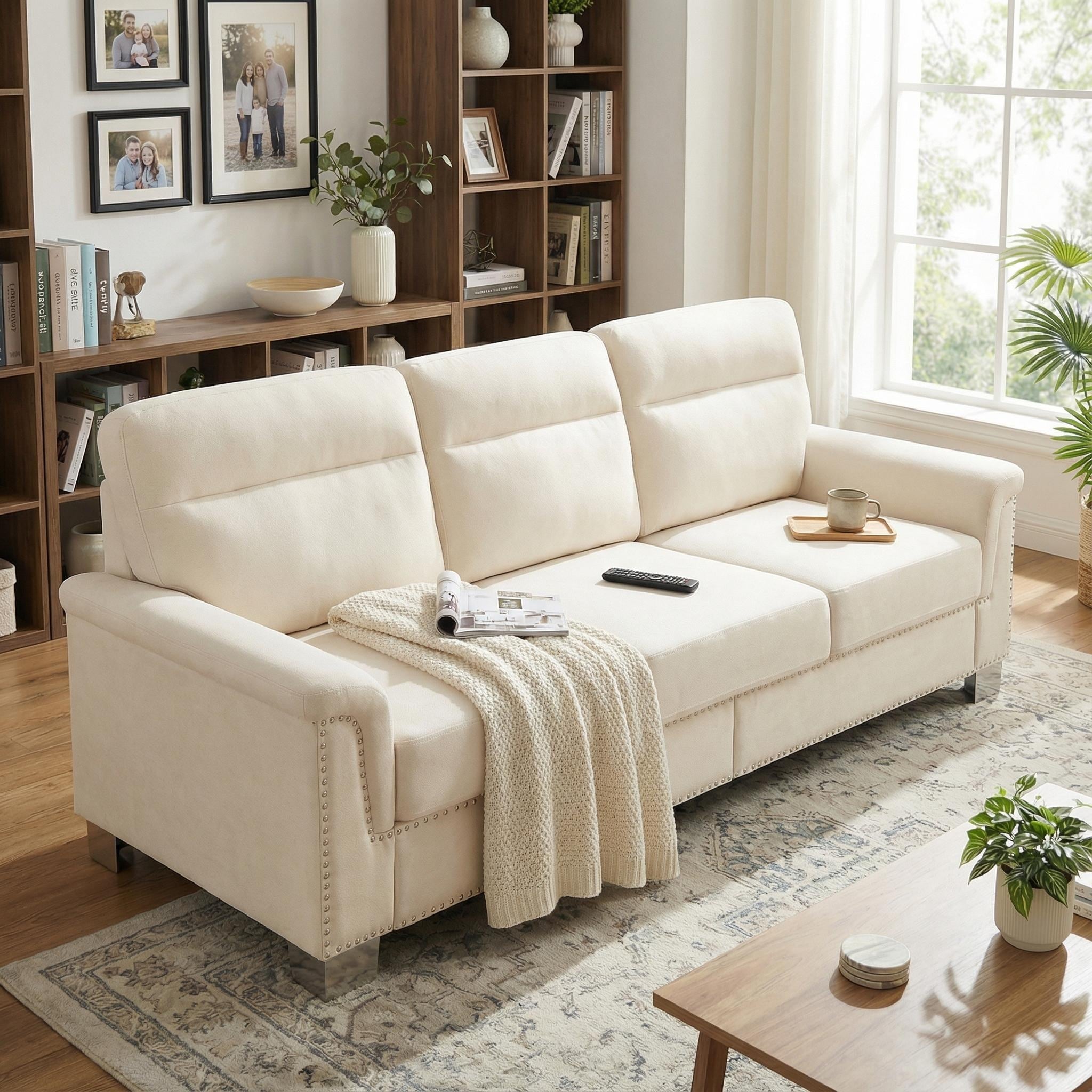 Homy Casa 82 Snowfleece 3 Seat Sofa With Nailhead Trim Shiny Metal Legs Rolled Arms Burgundy Black Blue Gray Beige