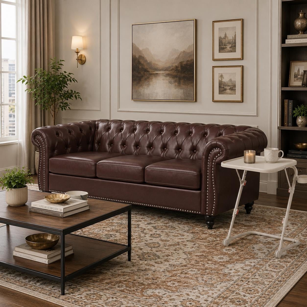 Homy Casa 84.6 Pu Chesterfield Sofa With Folding Tray Table 3 Seater Couch With Cup Holder Adjustable Side Desk Living Room