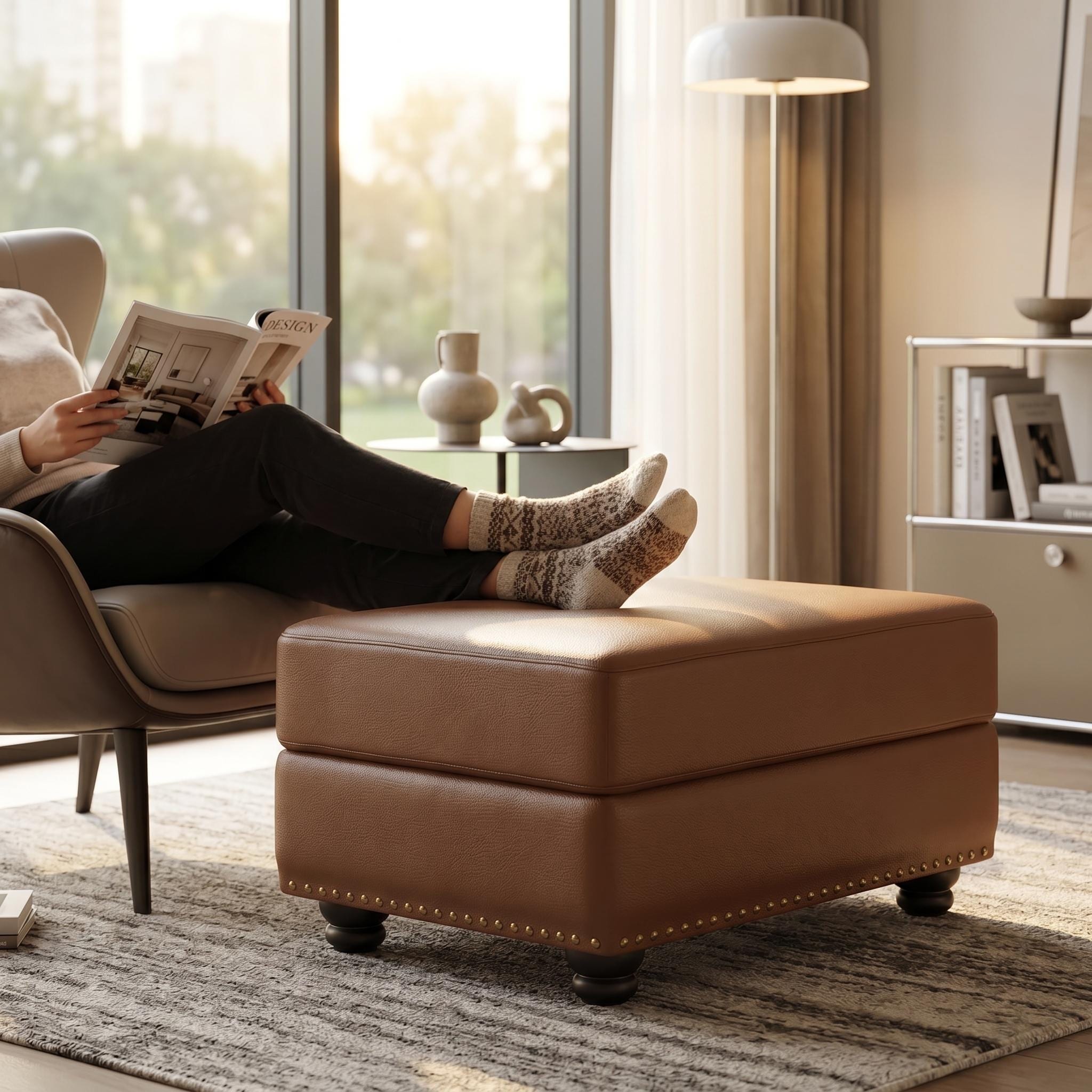 Homy Casa Chesterfield Faux Leather Ottoman Stool With Nailhead Trim Chesterfield Footrest Bench For Sofa Couch Living Room