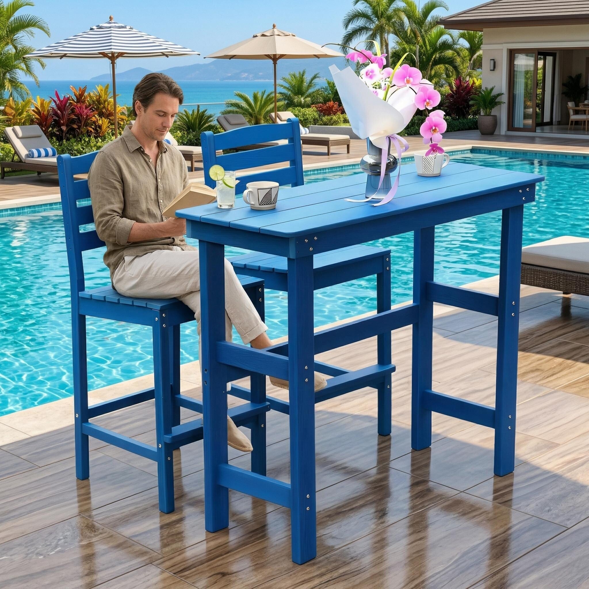 Homy Casa Hdpe Outdoor Bar Table And Chairs Or Stool Set Patio Bar Set Weather Resistant Balcony Garden Furniture