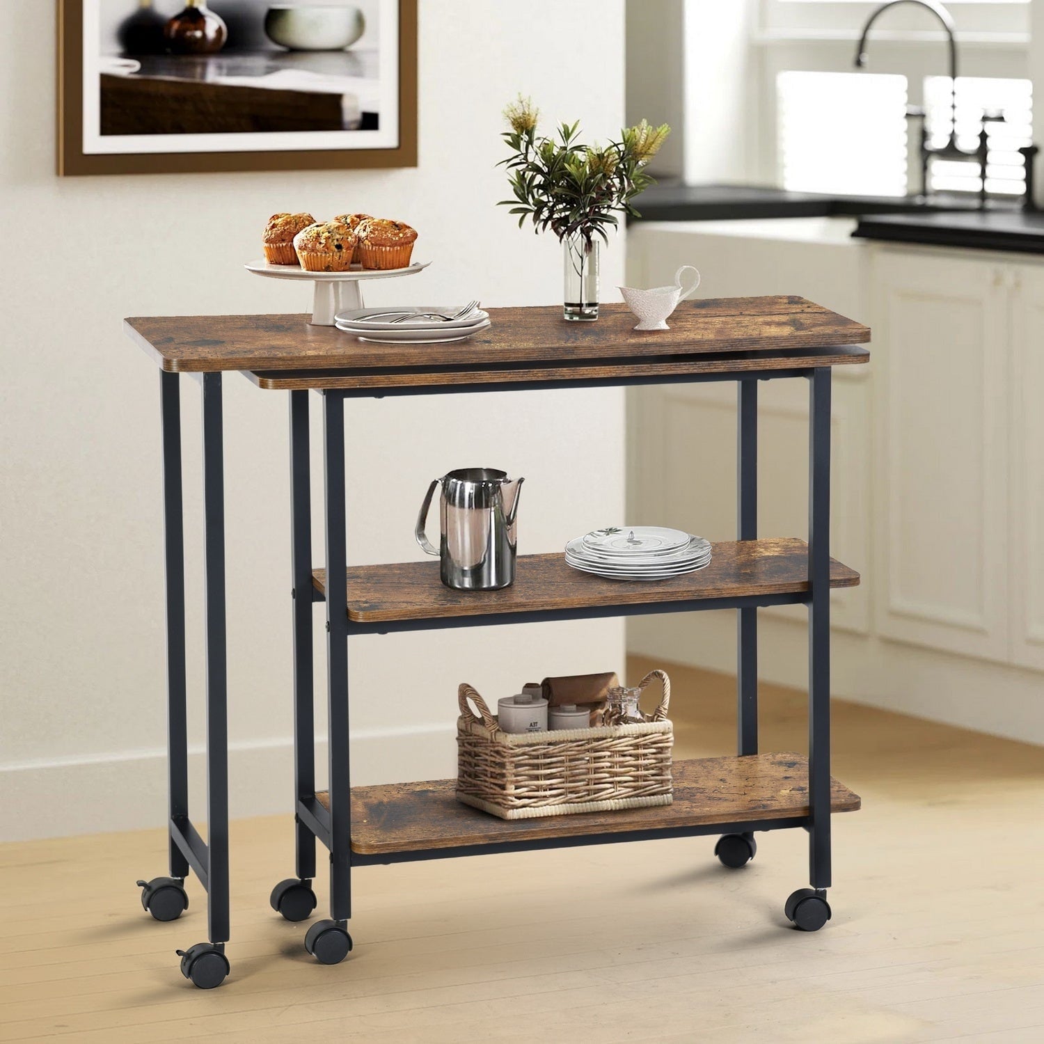 Homy Casa Joes Folding Rolling Kitchen Cart With Casters Expandable Utility Cart Table Industrial Storage For Kitchen Office