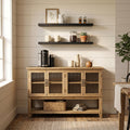 Homy Casa Rustic Wood Sideboard Cabinet With Glass Doors And Floating Wall Shelves Set Storage Buffet Console Dining Living Room