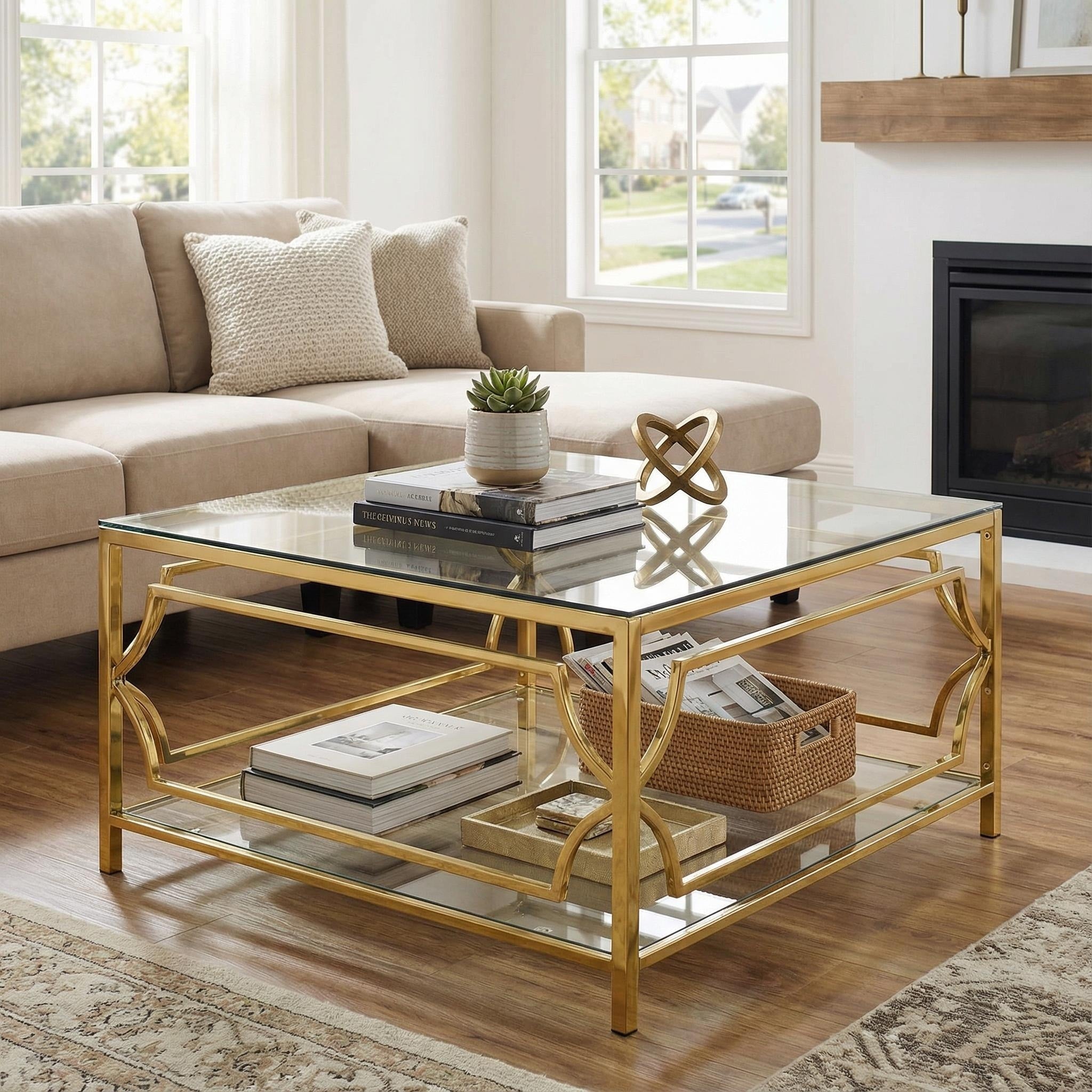 Homy Casa Square Golden Chromed Tempered Glass Coffee Table 33.5 Shelf Electroplated Gold Geometric Living Room