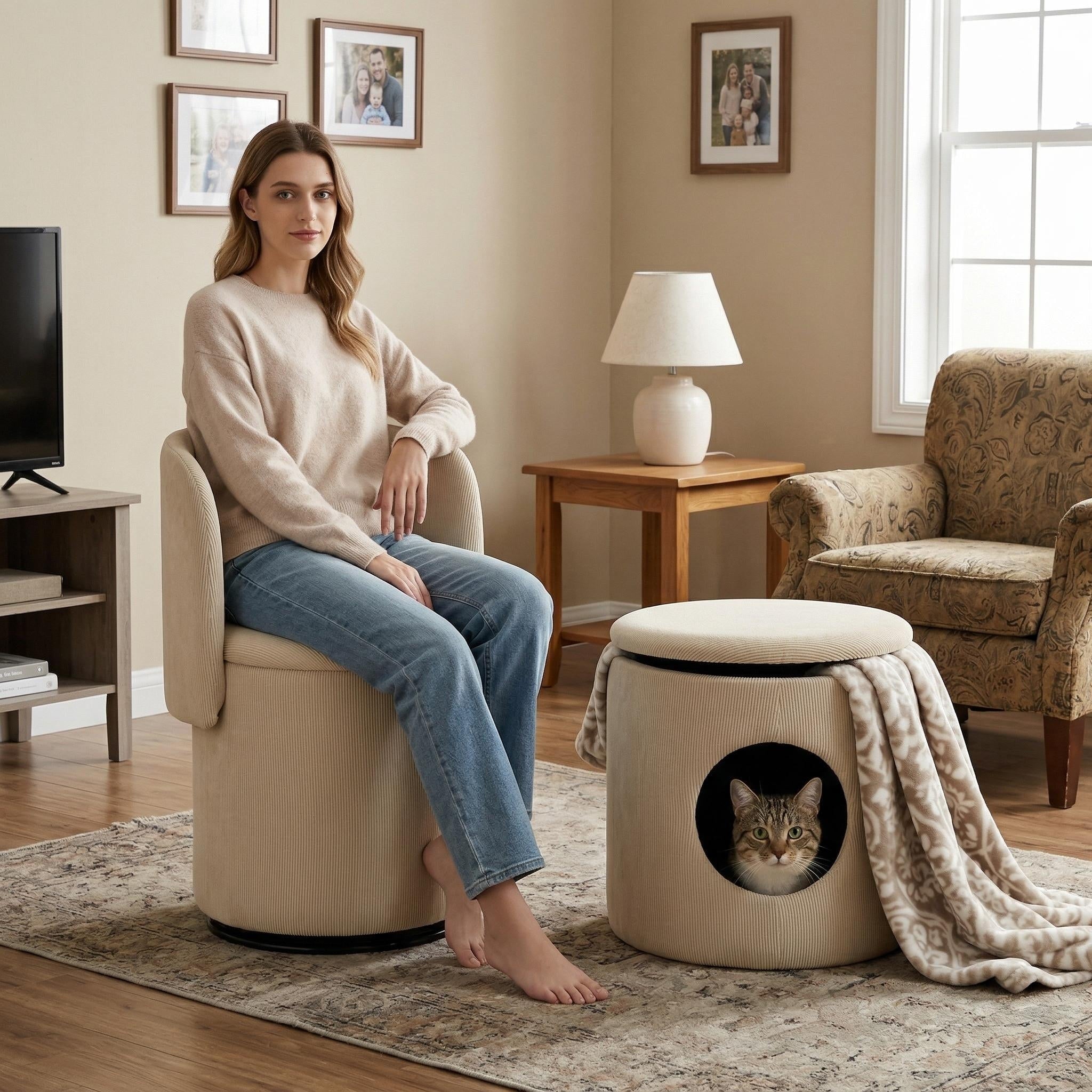 Homy Casa Swivel Barrel Chair With Storage Ottoman Set Upholstered Vanity Accent Chair With Hidden Storage Cat House Beige