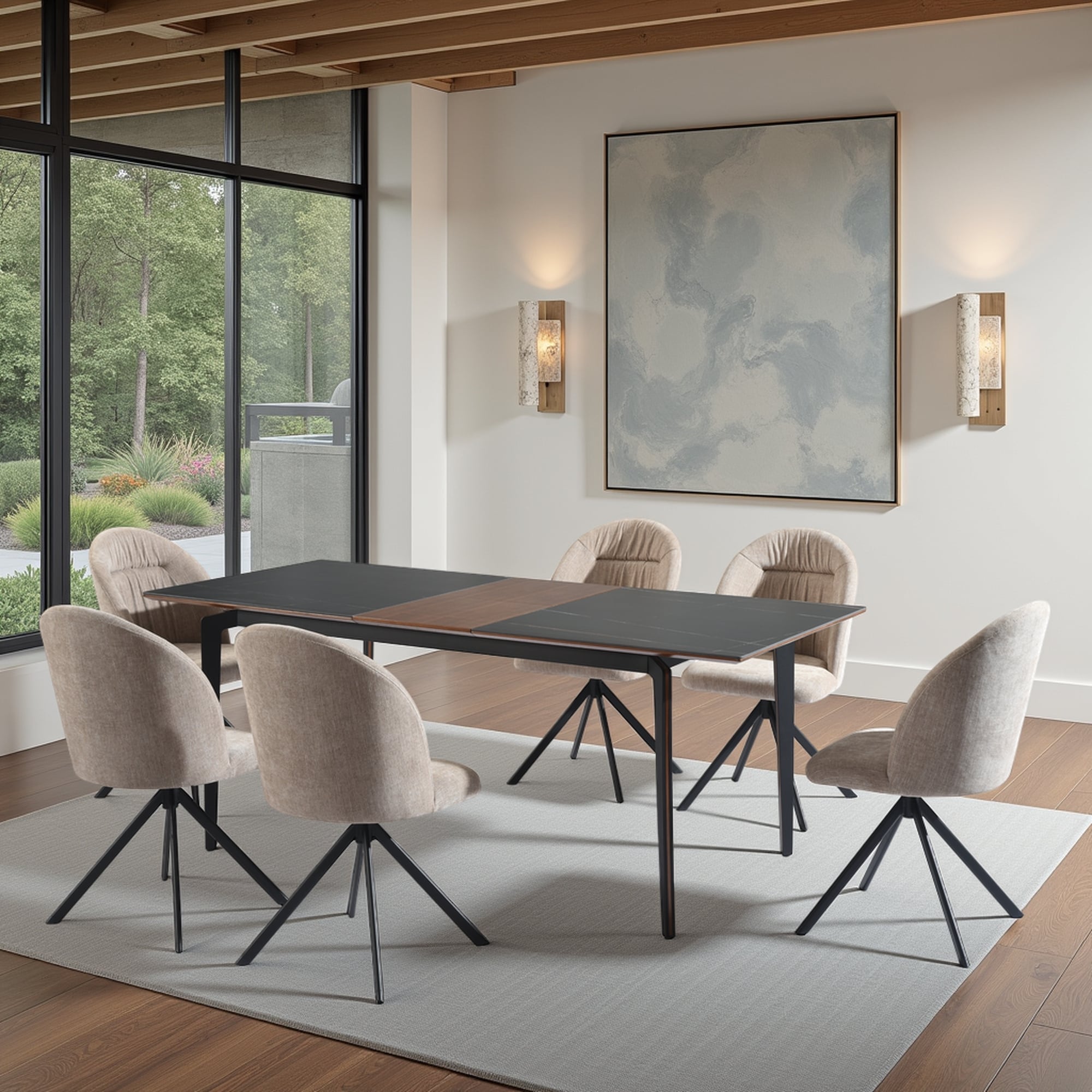 Honey Contemporary 7 Piece Dining Set With Dark Wood And Black Sintered Stone Table Top And Upholstered Armchairs