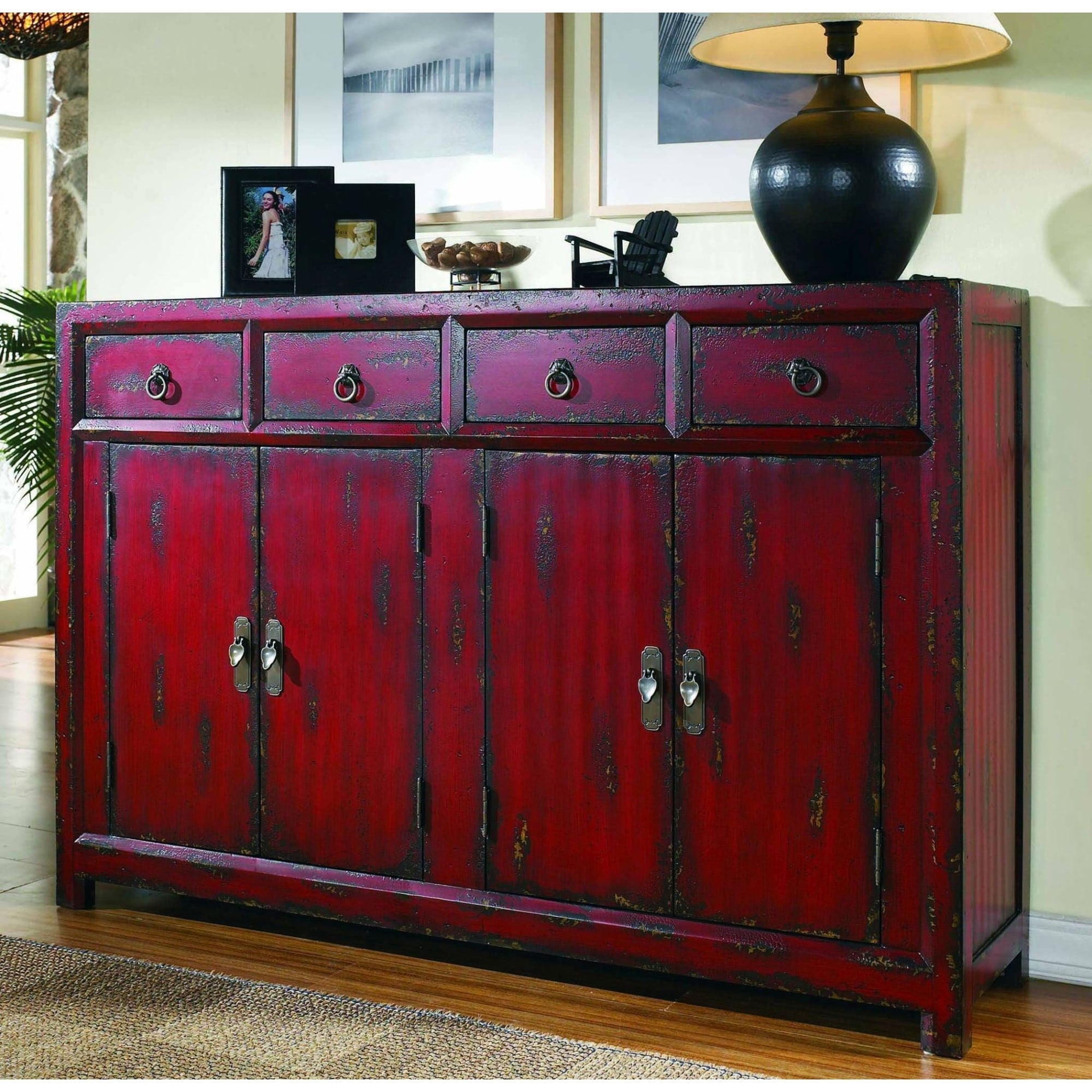 Hooker Furniture 500 50 711 58 1 4 Wide Hardwood Cabinet From The Asian Collection Distressed Rich Red N A