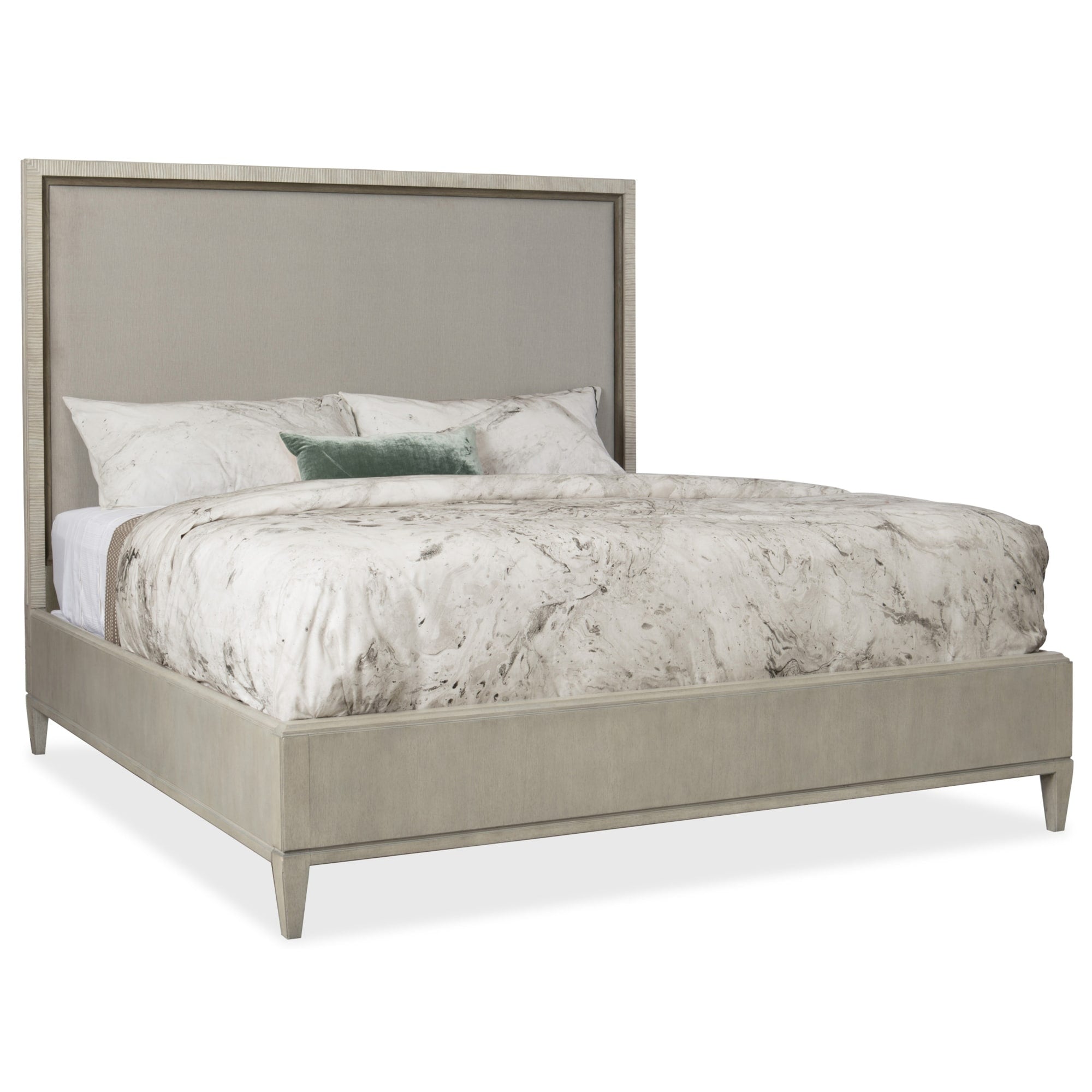 Hooker Furniture 5990 90850 Multi Elixir Queen Walnut Upholstered Panel Bed Fram Serene Gray Beige