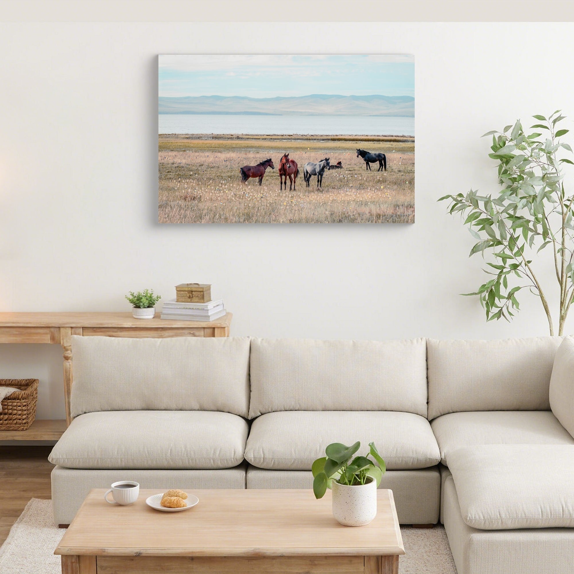 Horse Framed Wall Art Decor Western Farmhouse Wood Painting Vintage Farm Painting Wild Animals Walking On Sprawling Grassland