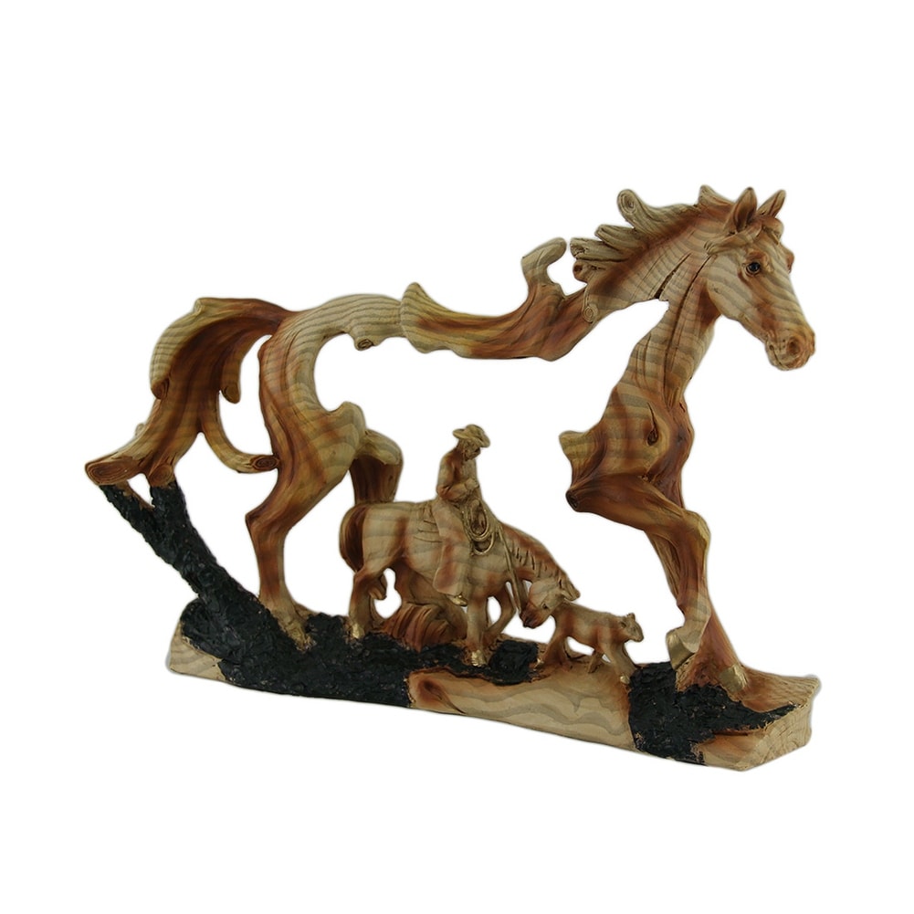 Horse And Cowboy Faux Wood Carving Statue Multicolored