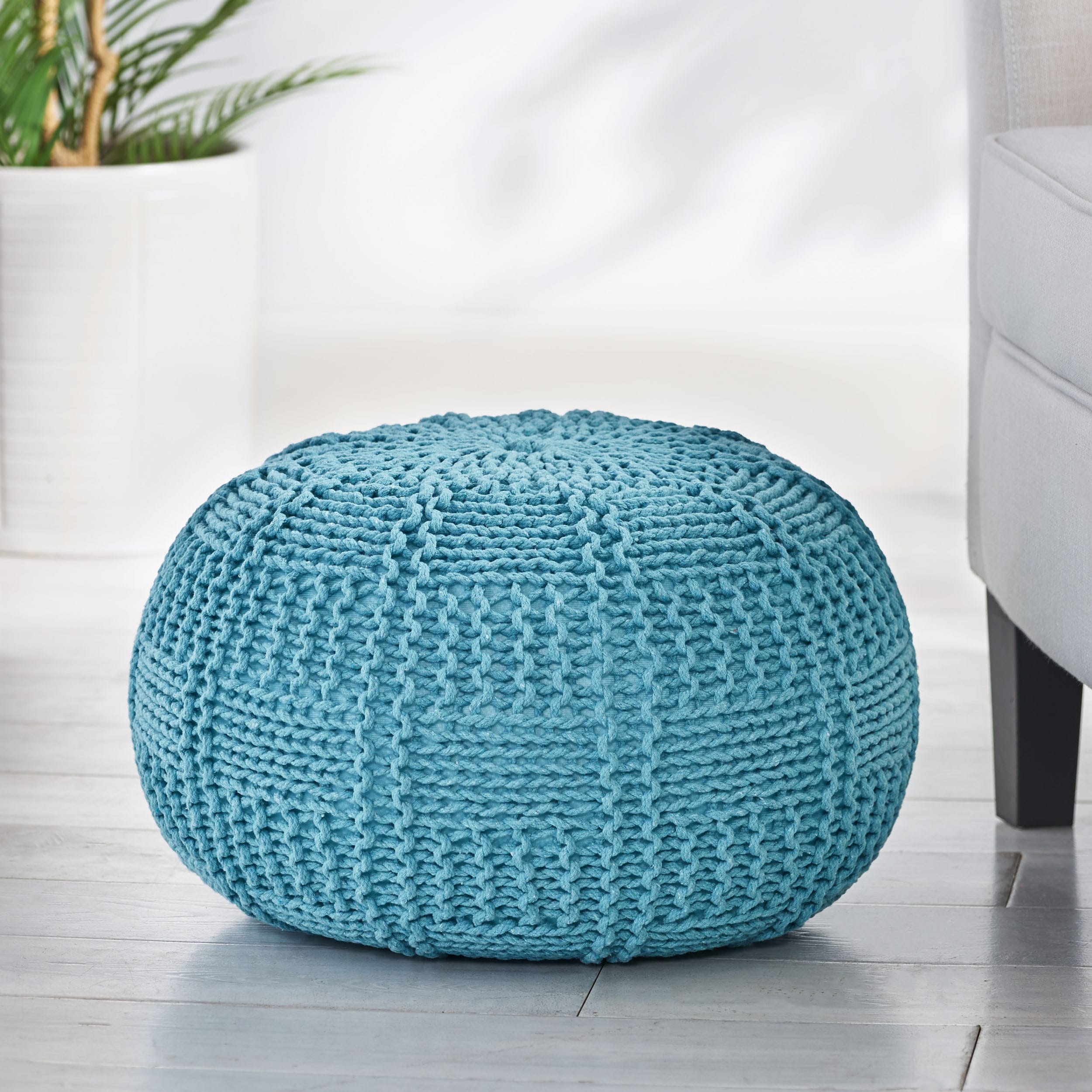 Hortense Modern Knitted Cotton Round Pouf By Christopher Knight Home