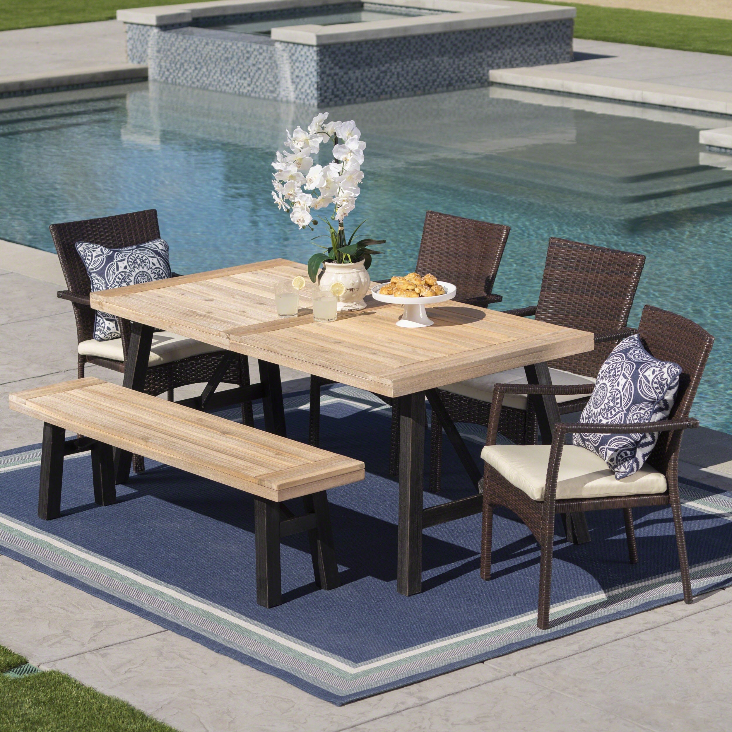 Horton Outdoor 6 Piece Rectangle Wicker Wood Dining Set With Cushions By Christopher Knight Home