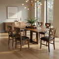 Hosa 7Pc Rectangular Dining Table Set Faux Leather Seats Brown Mango Wood