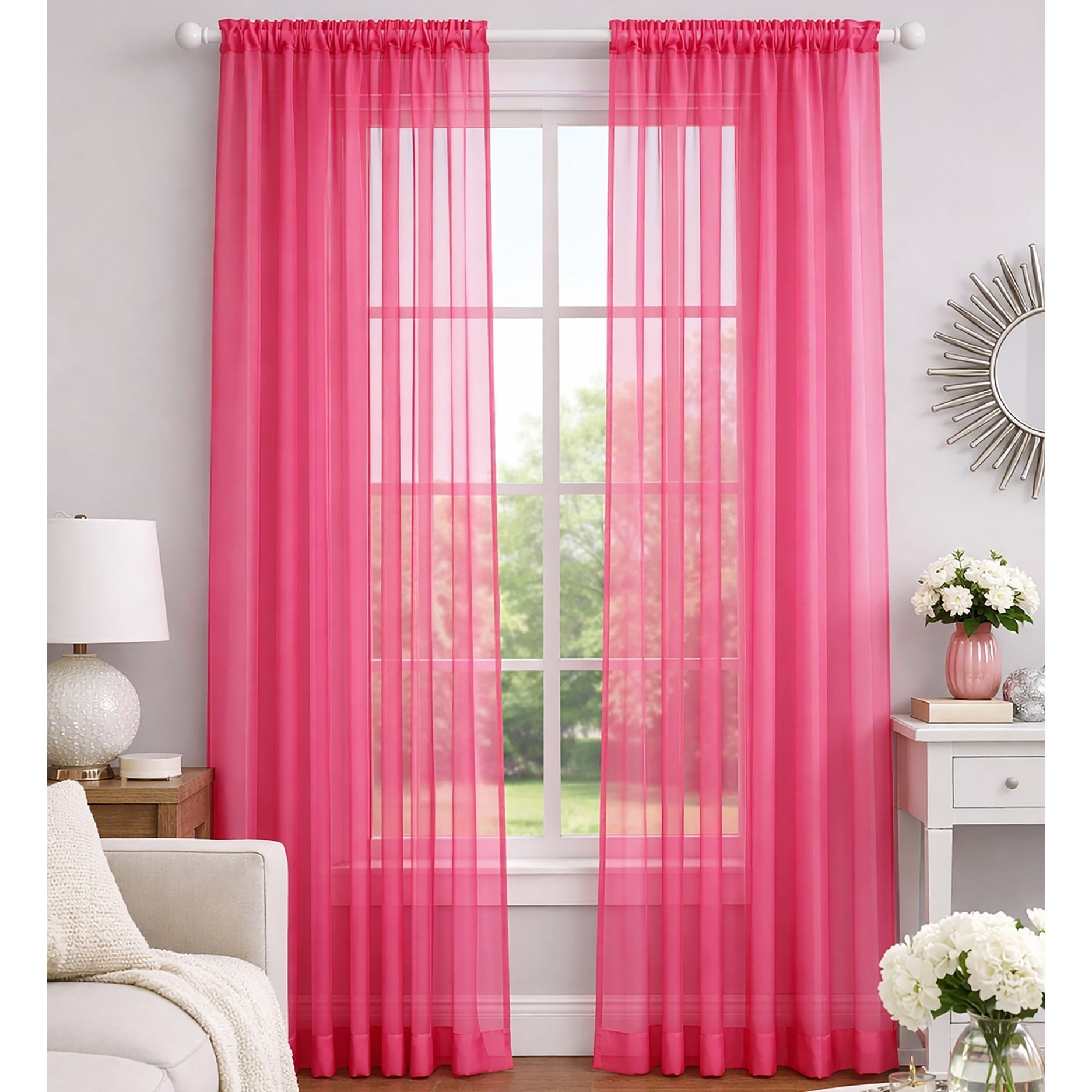 Hot Pink Sheer Window Rod Pocket Curtain Set 90 Inches Long 2 Panels