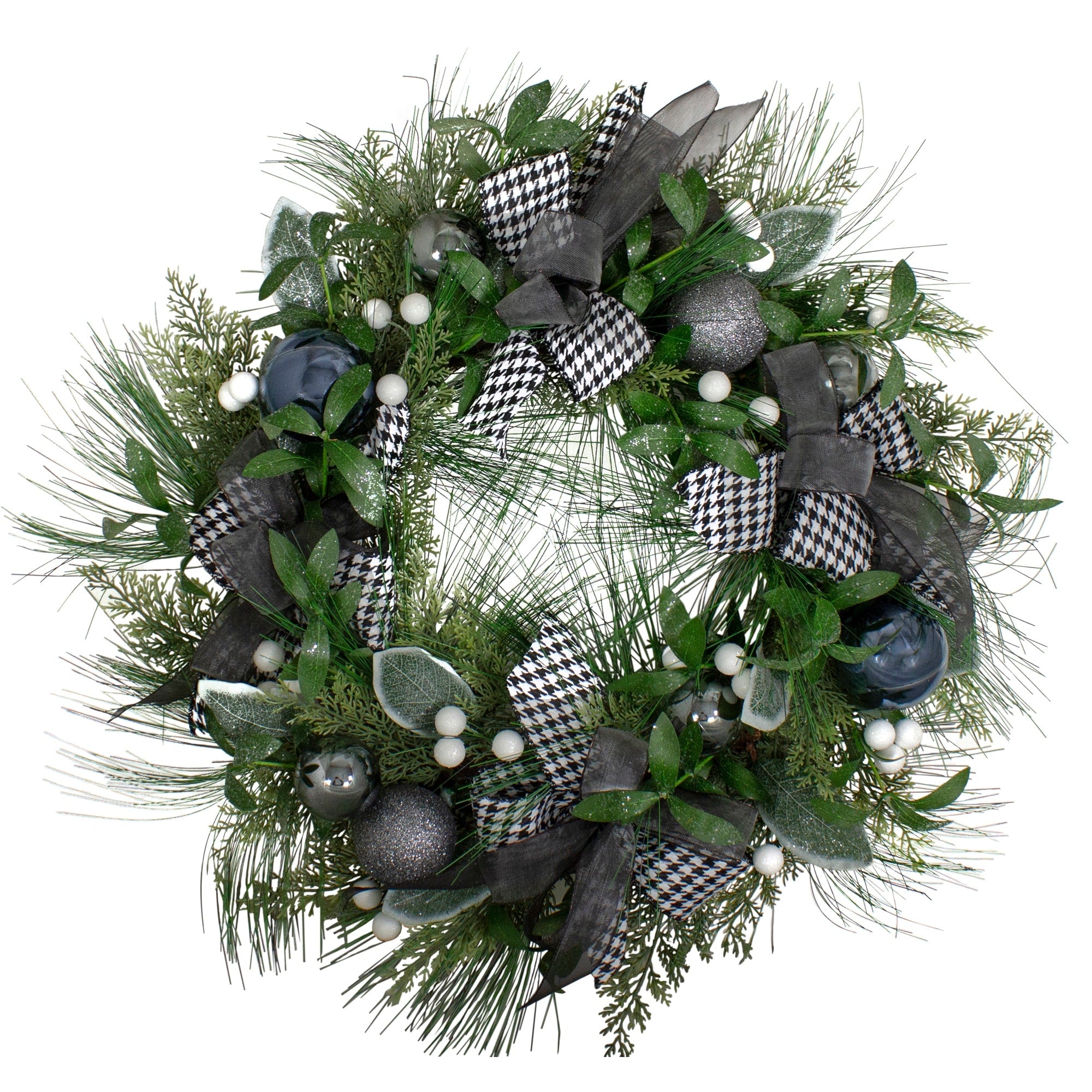 Houndstooth And White Berries Artificial Christmas Wreath 24 Inch Unlit
