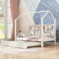 House Bed With Trundle Shelf And Roof For Kids White Wooden Platform Bed