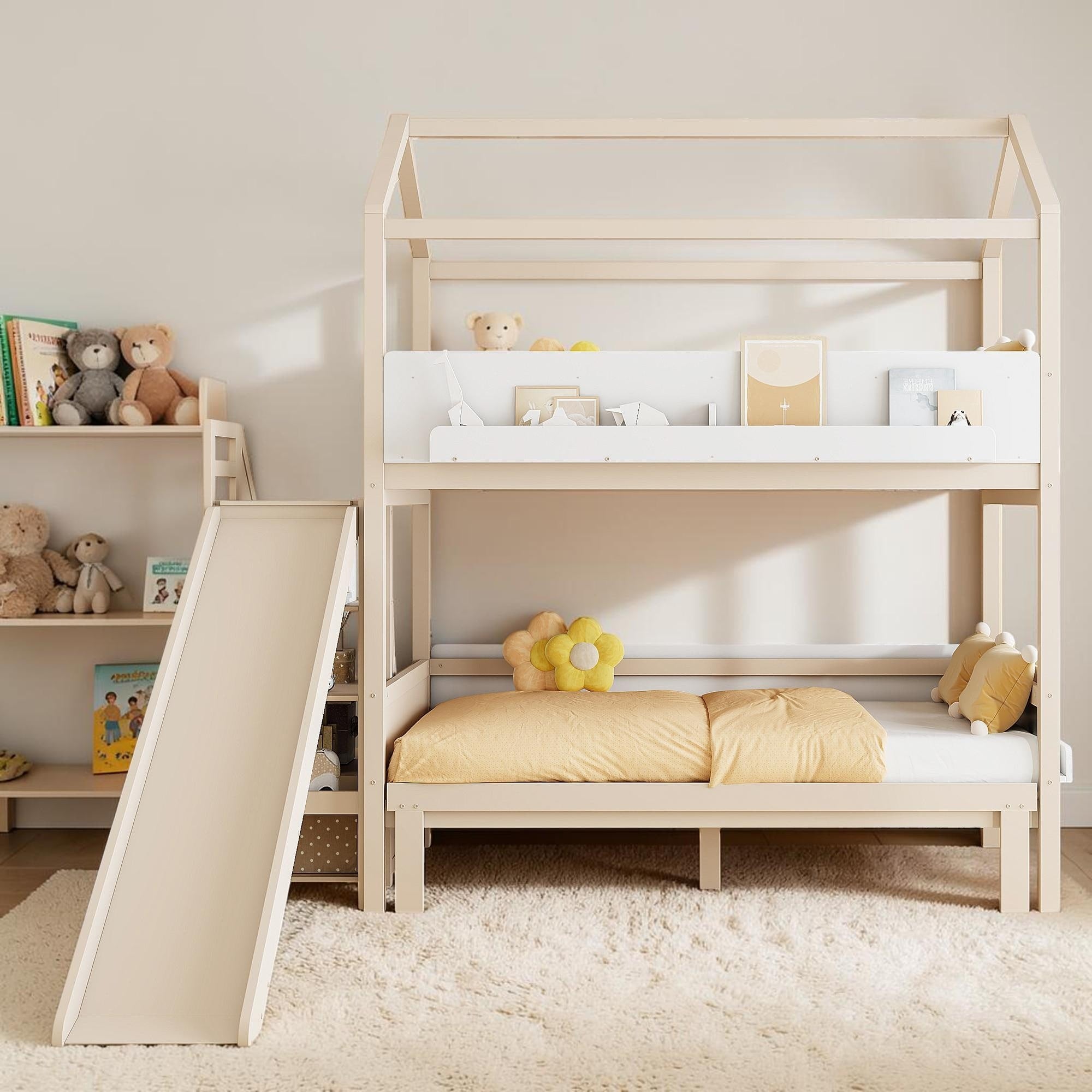 House Bunk Bed With Slide And Storage Stairs Twin Over Twin Full Convertible Kids Bed Frame With Shelves