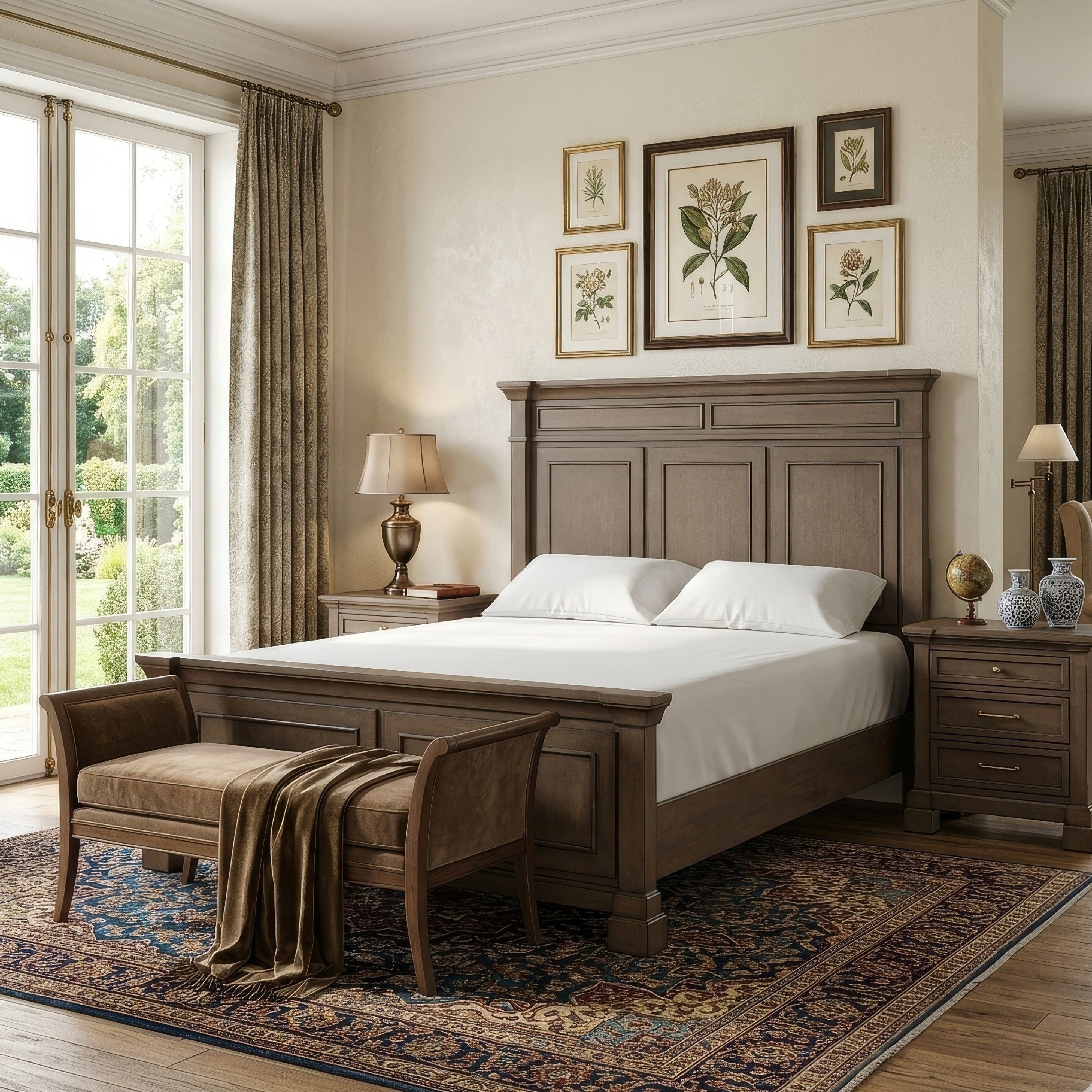 Huder King Bed Dark Walnut Brown Solid Pine Wood Classic Panel Moldings