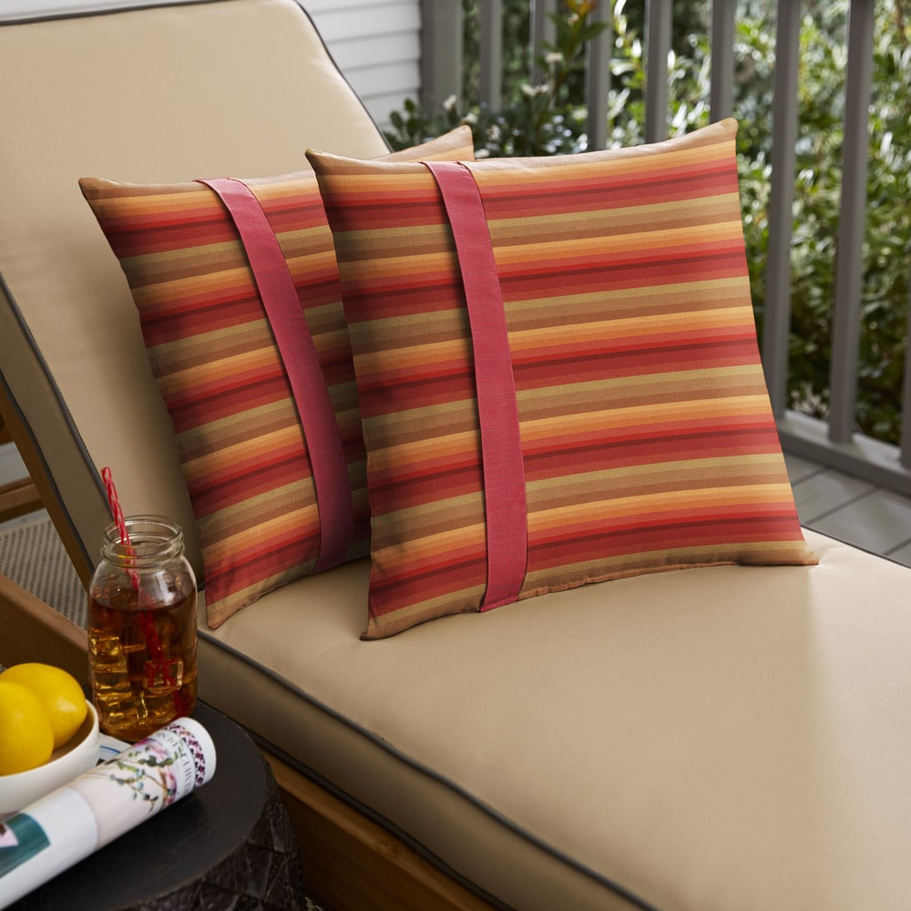 Humble Haute Sunbrella Astoria Sunset Stripe And Dupione Crimson Large Flange Indoor Outdoor Square Pillow Set Of 2