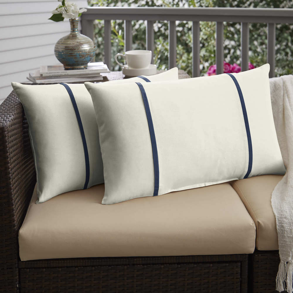 Humble Haute Sunbrella Canvas Natural And Canvas Navy Double Small Flange Indoor Outdoor Pillows Set Of 2