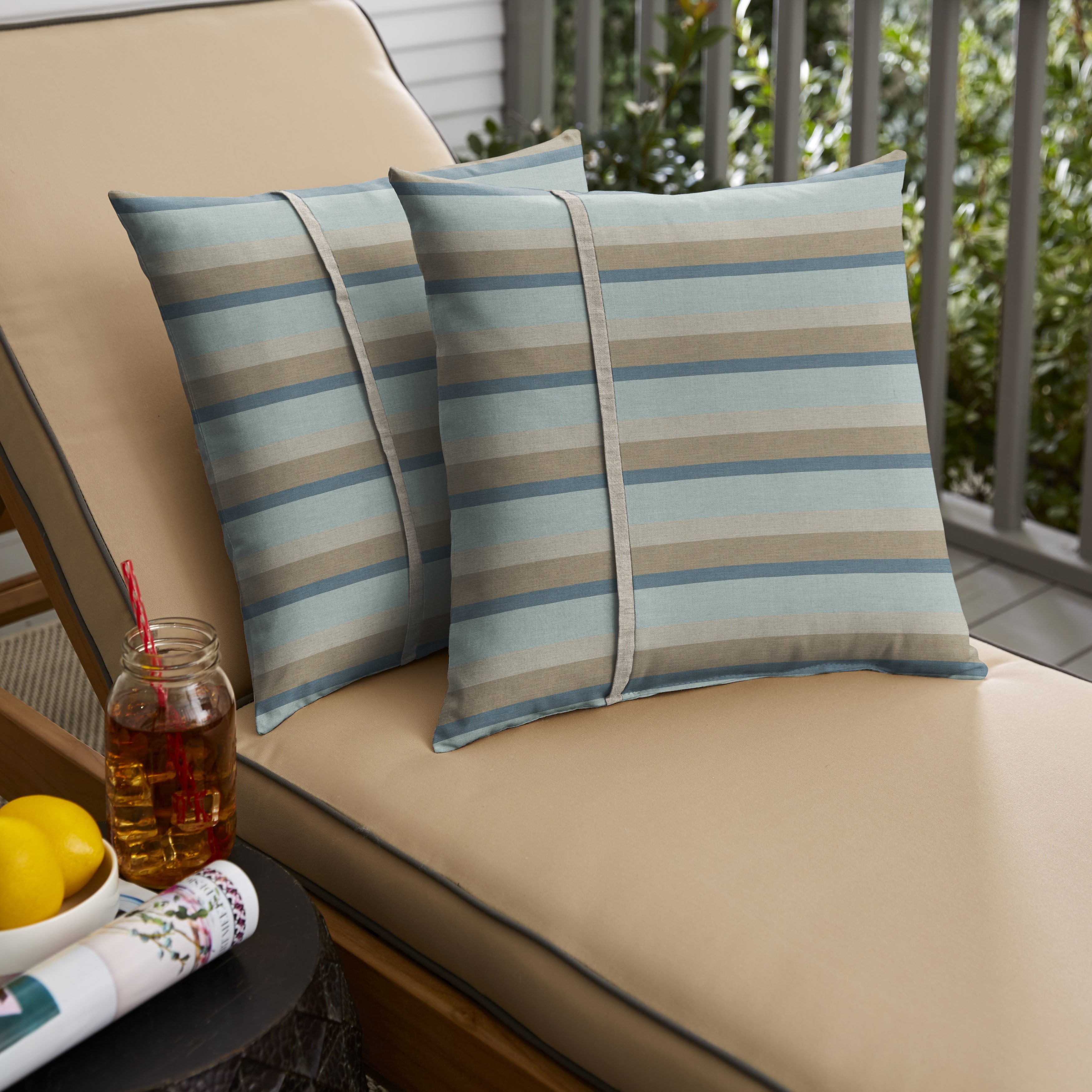 Humble Haute Sunbrella Gateway Mist Stripe And Cast Silver Small Flange Indoor Outdoor Square Pillow Set Of 2