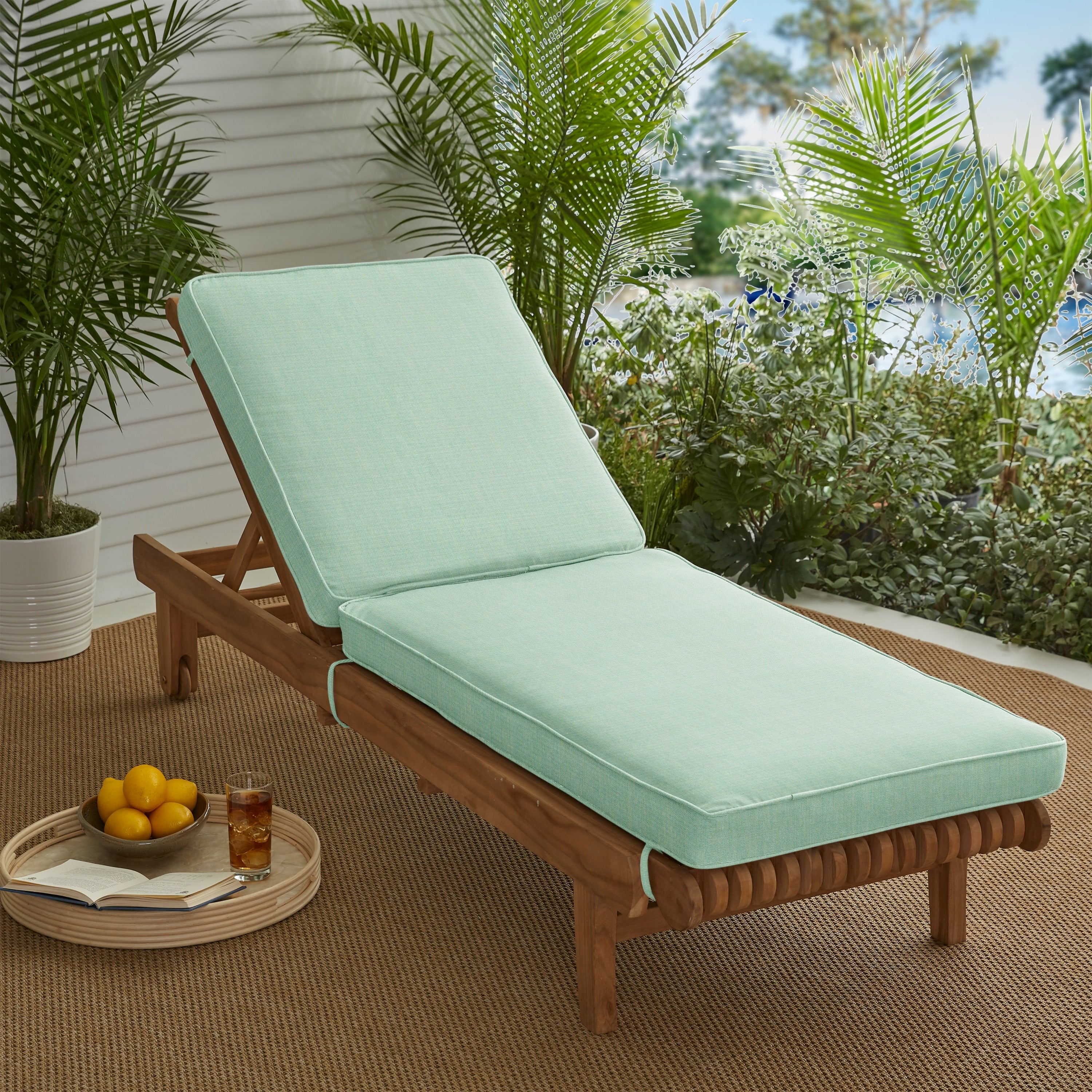 Kokomo Teak Sunbrella Fabric Indoor Outdoor Sunlounger Hinged Cushion Set 24 W X 73 L X 3 H
