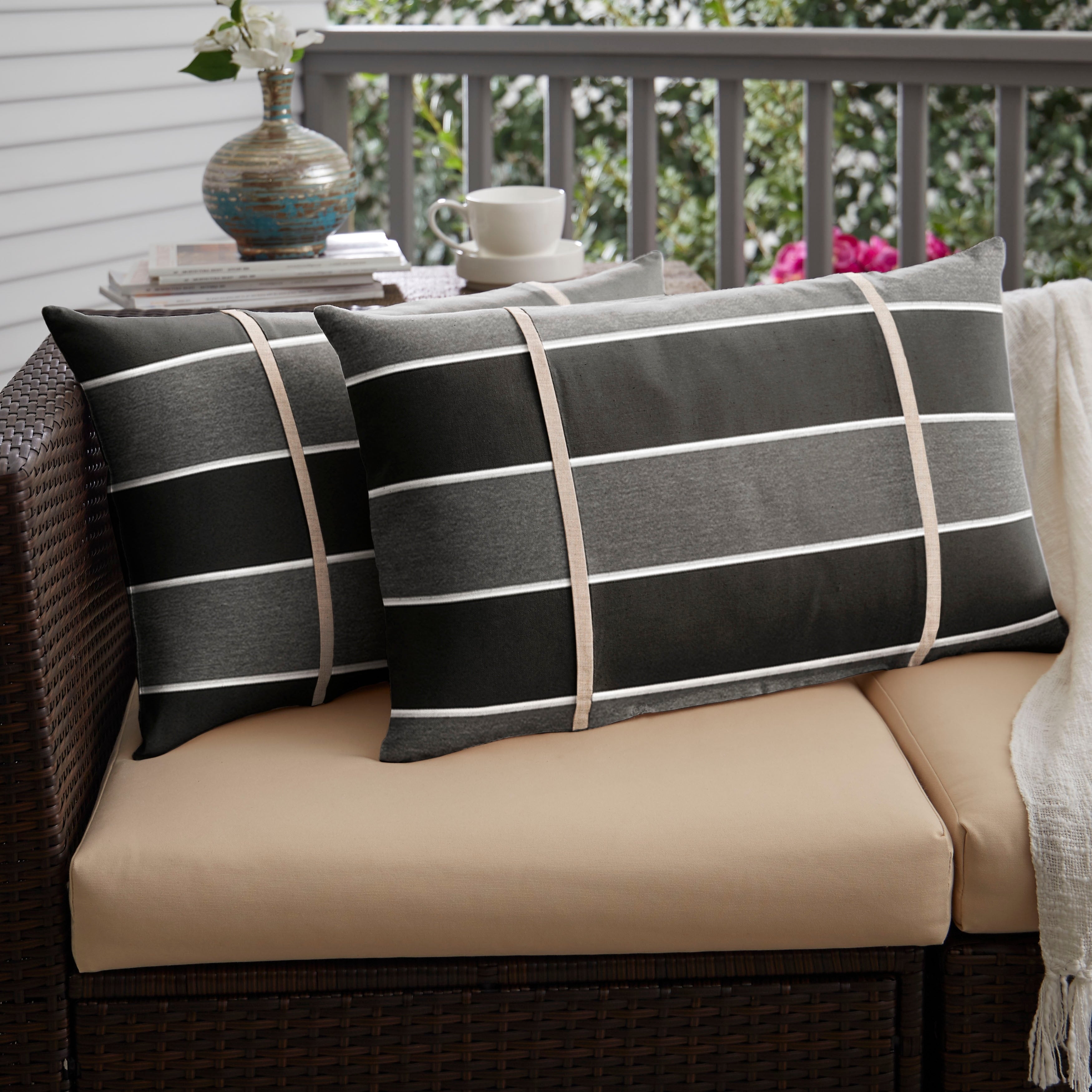 Humble Haute Sunbrella Peyton Granite And Cast Silver Double Small Flange Indoor Outdoor Lumbar Pillow Set Of 2