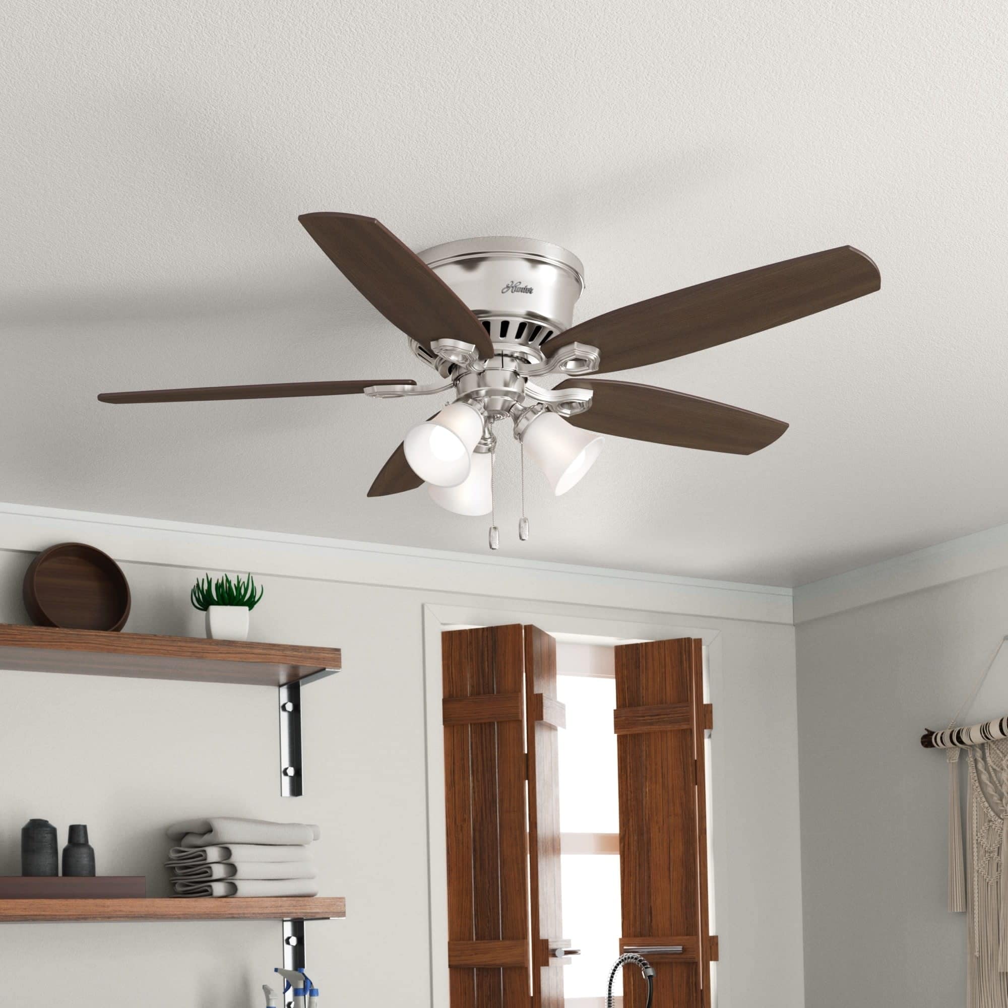 Hunter Builder Deluxe Brushed Nickel 52 Inch Ceiling Fan With 5 Brazilian Cherry Harvest Mahogany Reversible Blades Silver