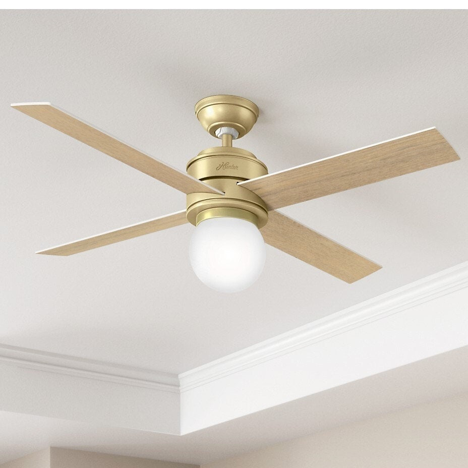 Hunter Fan Hepburn Brass 52 Inch Ceiling Fan With 4 White Grain Aged Oak Reversible Blades Bronze