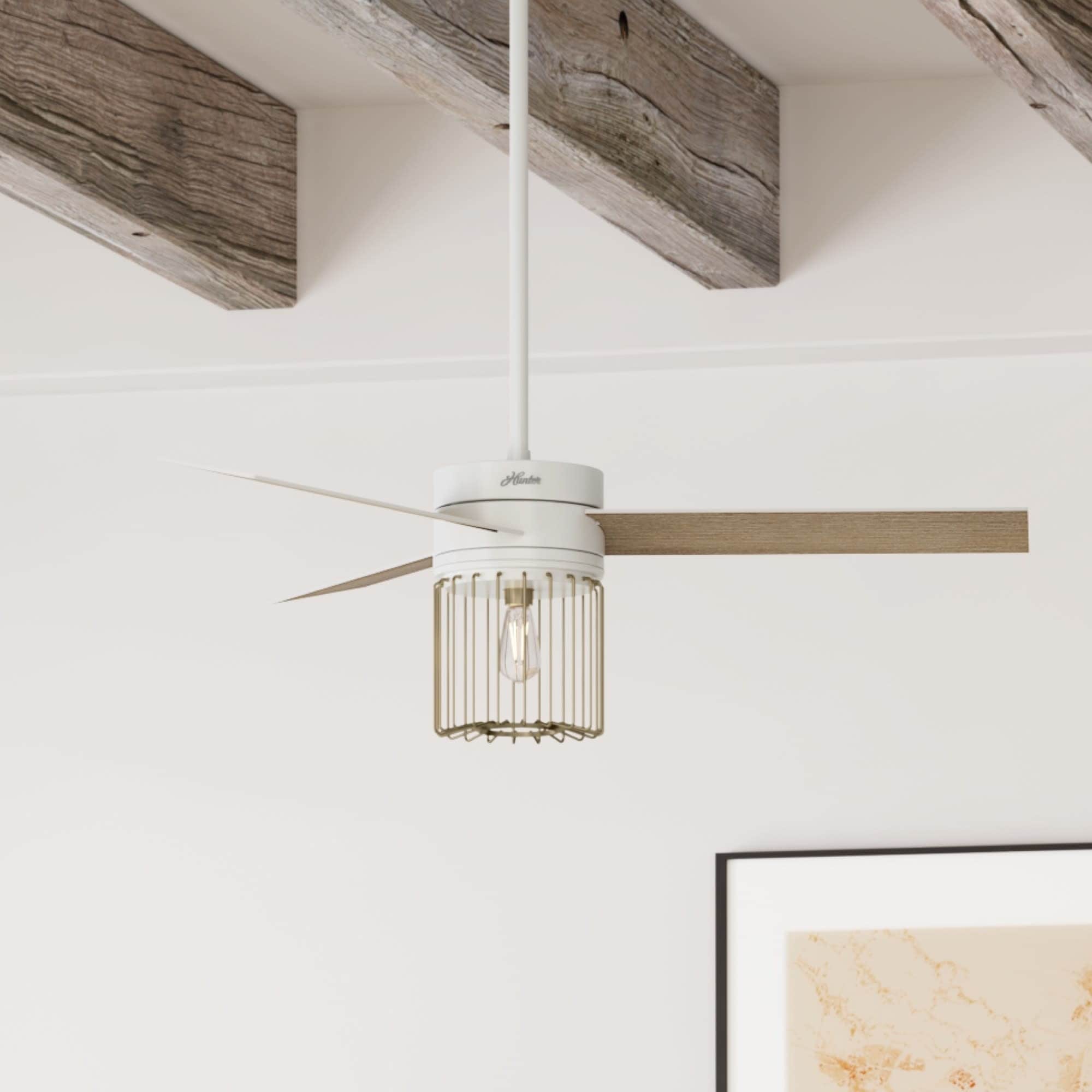 Hunter Ronan Fresh White And Modern Brass 52 Inch 3 Aged Oak White Grain Reversible Blades Ceiling Fan