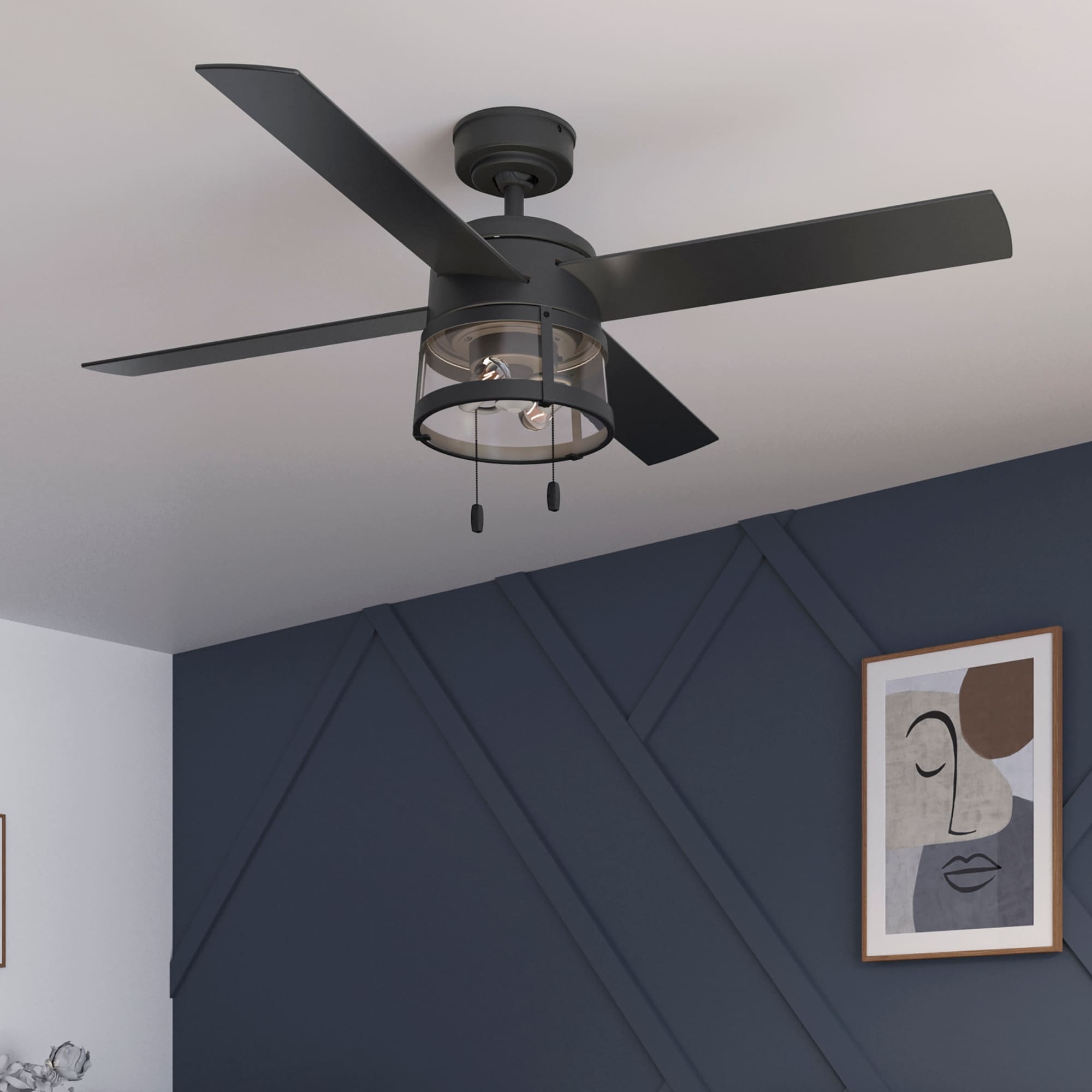 Hunter 52 Modern Matte Black Damp Rated Ceiling Fan With Led Light And Pull Chain
